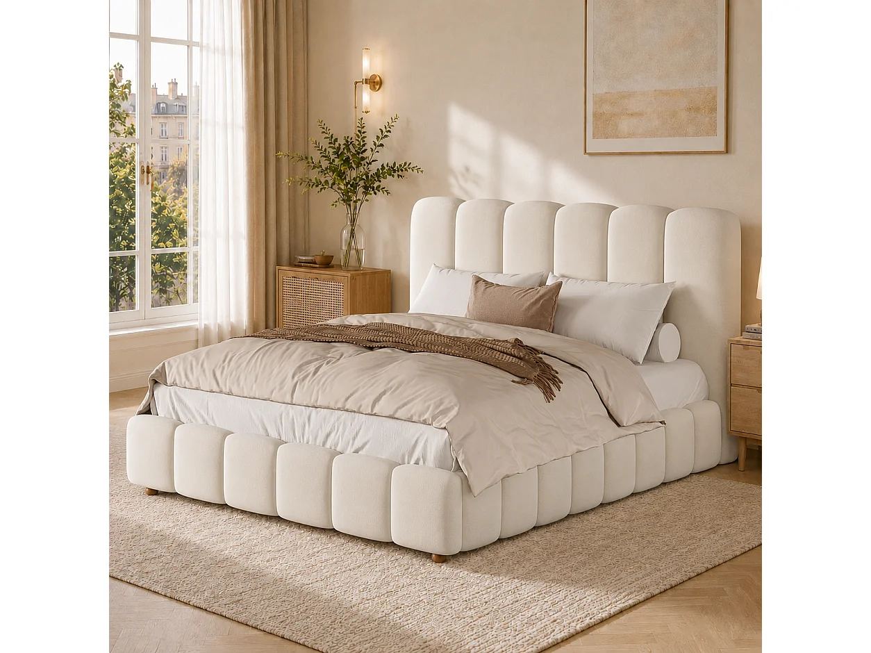 Lit double coffre capitonné 140x190 cm - avec tête de lit et coffre de rangement - Tissu velours - Beige (sans matelas )