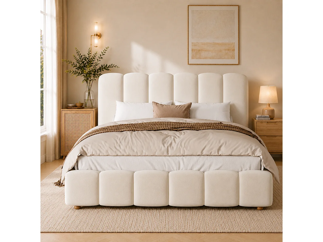 Lit double coffre capitonné 140x190 cm - avec tête de lit et coffre de rangement - Tissu velours - Beige (sans matelas )