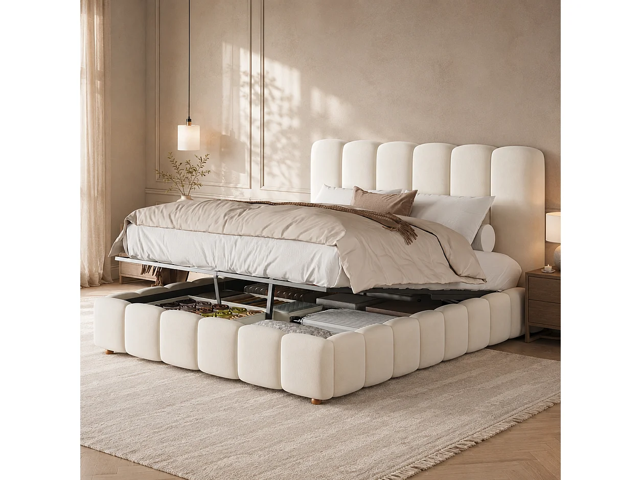 Lit double coffre capitonné 140x190 cm - avec tête de lit et coffre de rangement - Tissu velours - Beige (sans matelas )