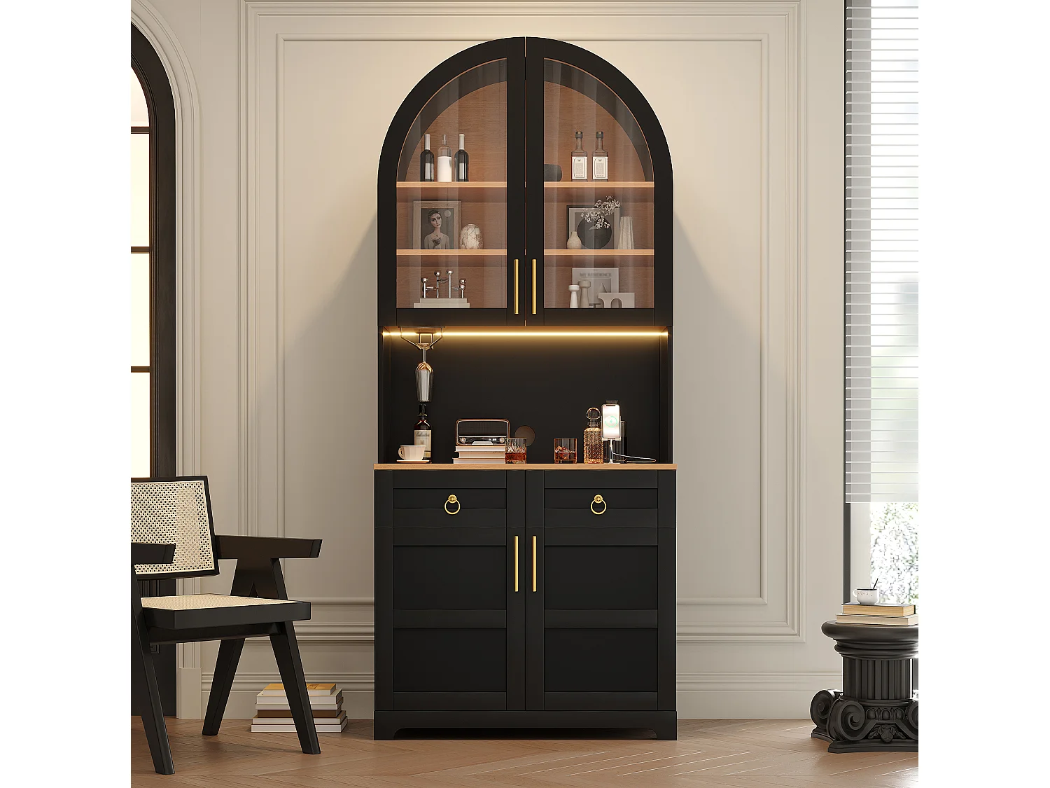 Gebogen buffet 80x40x180cm - Vitrine+Werkblad - 2 deuren, 2 laden - LED-verlichting, elektrisch stopcontact en USB-poort - Zwart