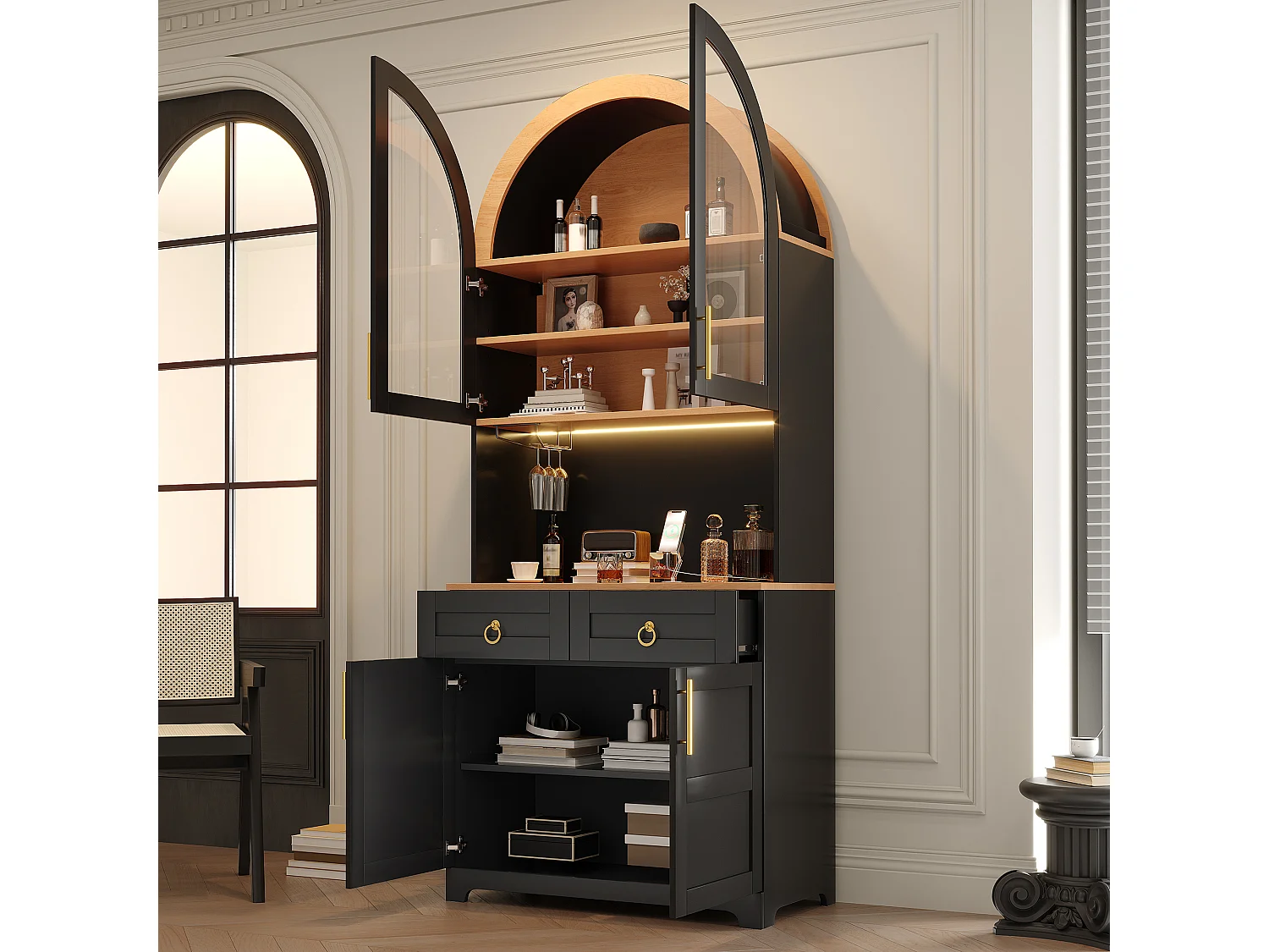 Gebogen buffet 80x40x180cm - Vitrine+Werkblad - 2 deuren, 2 laden - LED-verlichting, elektrisch stopcontact en USB-poort - Zwart