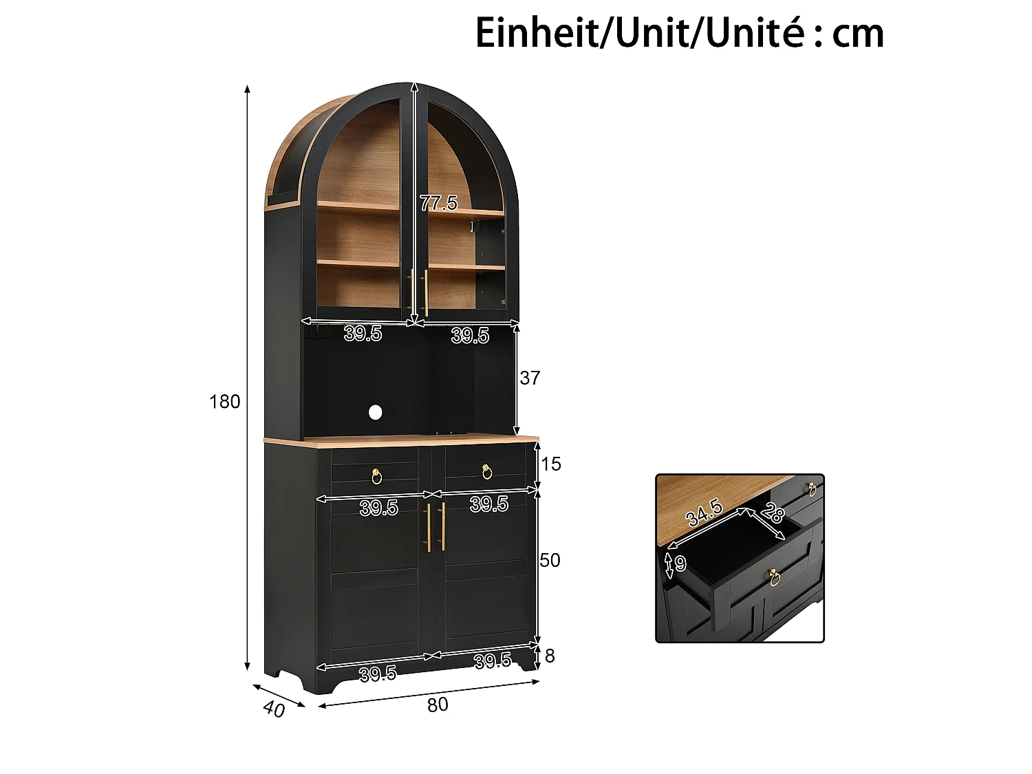 Gebogen buffet 80x40x180cm - Vitrine+Werkblad - 2 deuren, 2 laden - LED-verlichting, elektrisch stopcontact en USB-poort - Zwart