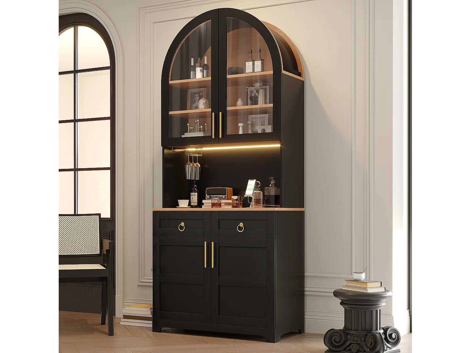 Gebogen buffet 80x40x180cm - Vitrine+Werkblad - 2 deuren, 2 laden - LED-verlichting, elektrisch stopcontact en USB-poort - Zwart