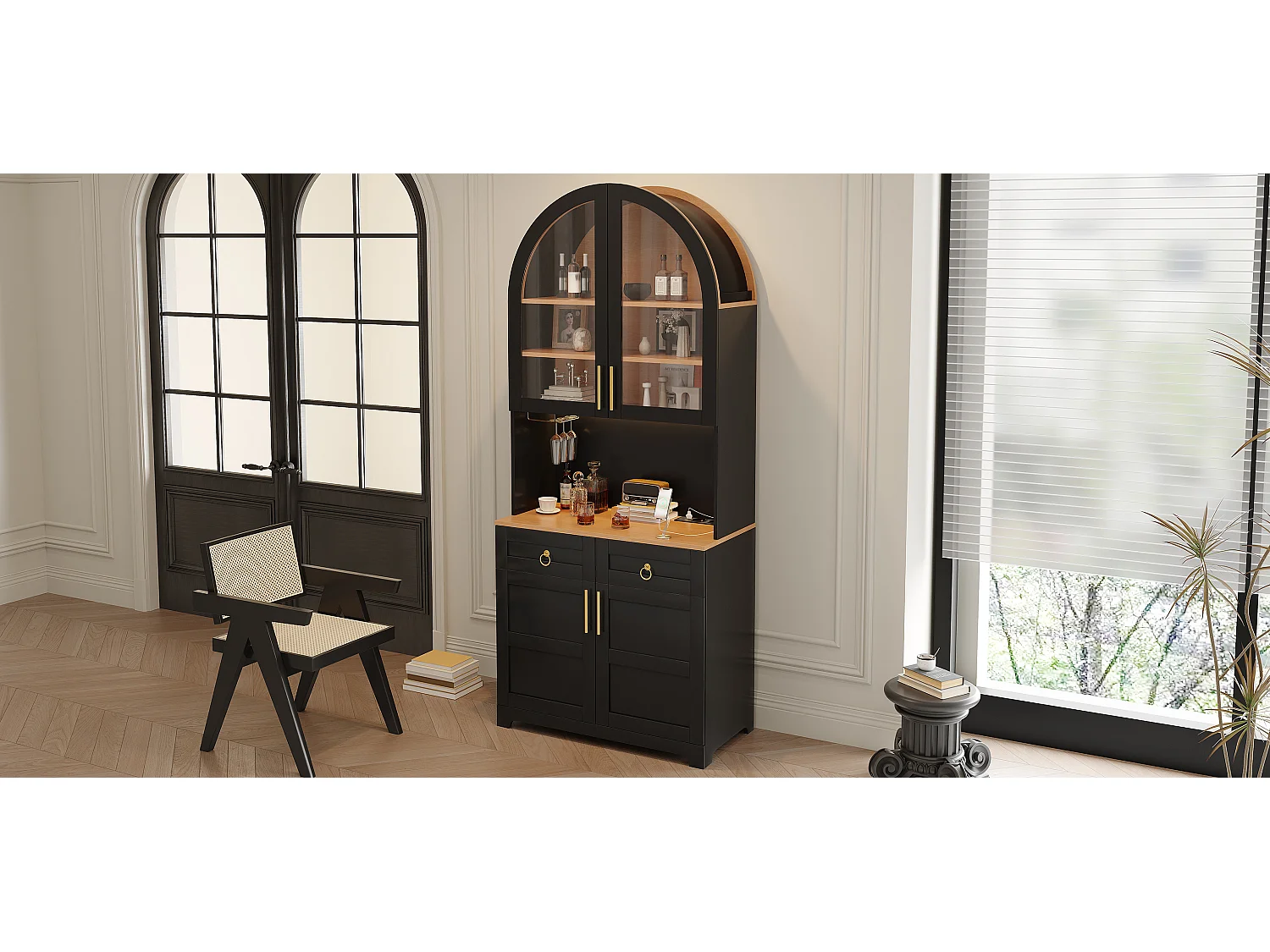 Gebogen buffet 80x40x180cm - Vitrine+Werkblad - 2 deuren, 2 laden - LED-verlichting, elektrisch stopcontact en USB-poort - Zwart