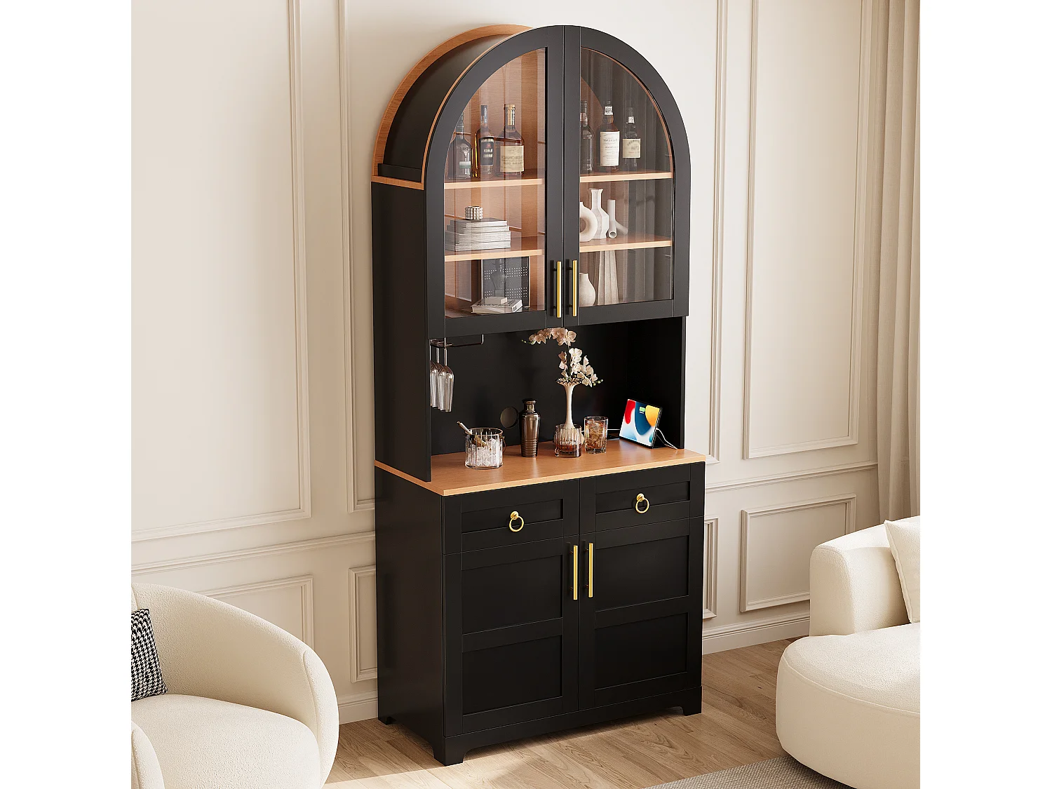 Gebogen buffet 80x40x180cm - Vitrine+Werkblad - 2 deuren, 2 laden - LED-verlichting, elektrisch stopcontact en USB-poort - Zwart
