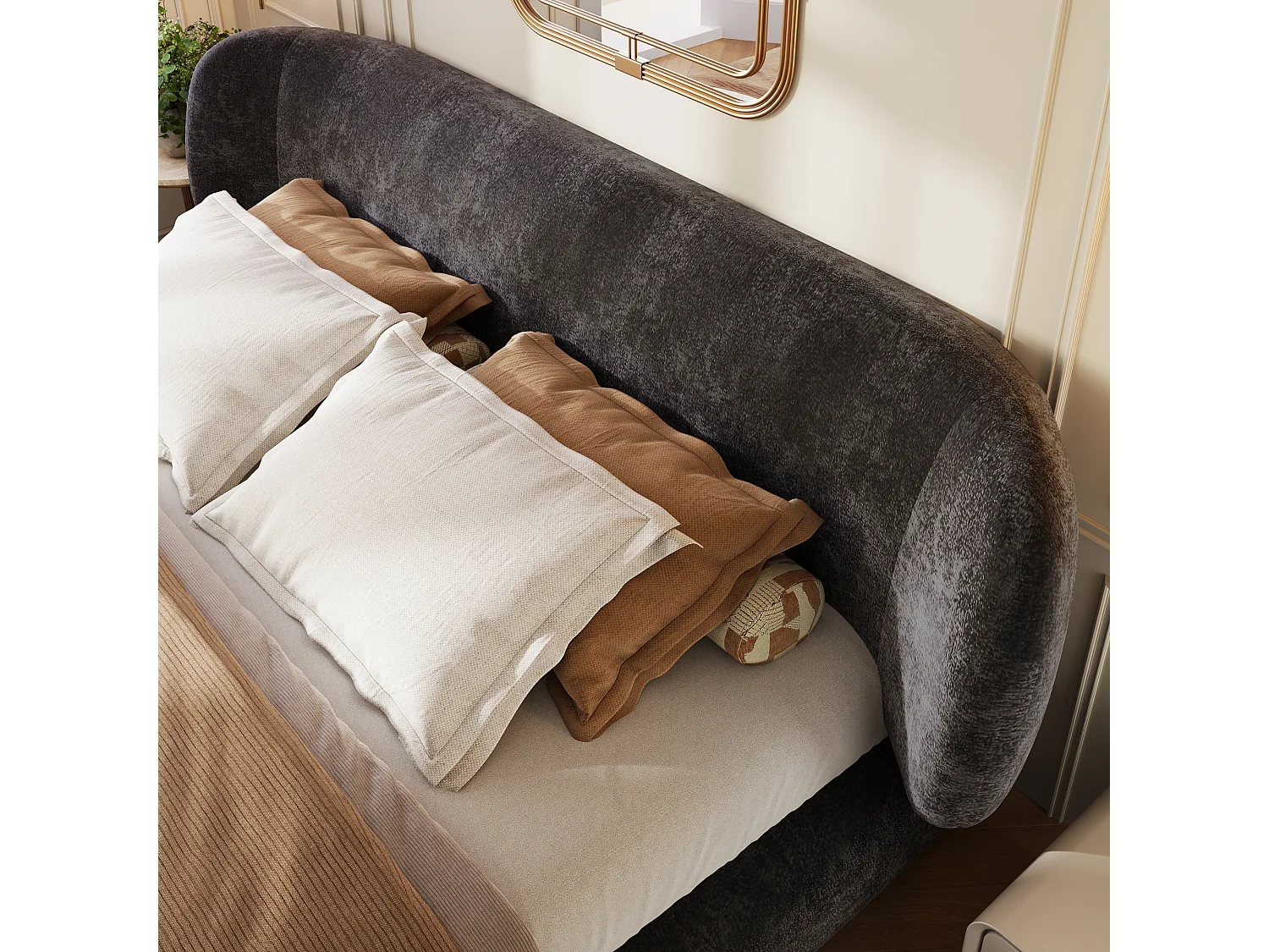 Gevuld tweepersoonsbed 160x200cm - afgeronde hoeken - met lattenbodem - chenillestof - Grijs (zonder matras)