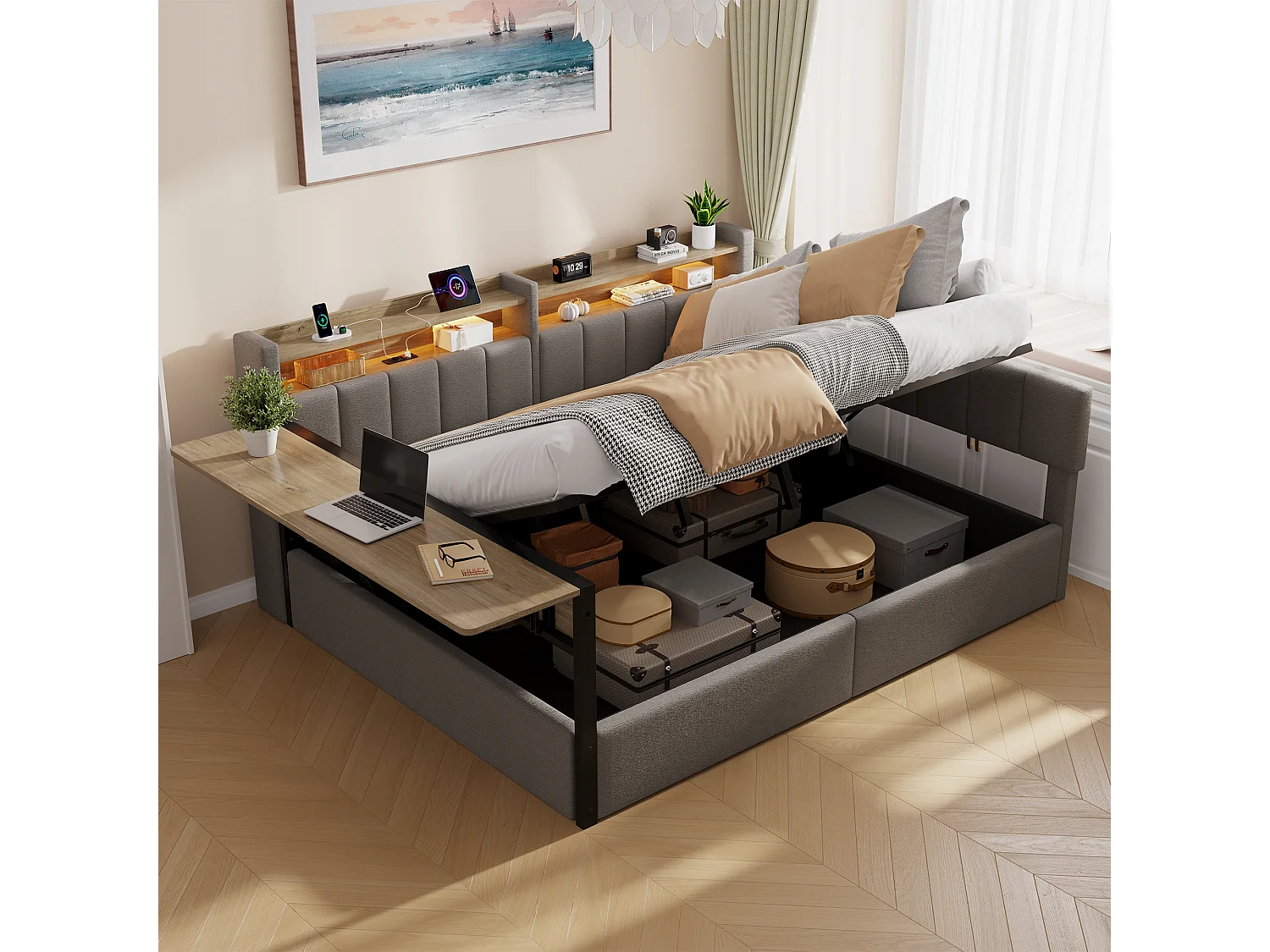 Slaapbank met opbergruimte 140 x 200 cm - met LED-lichtstrip - met inklapbare tafel - USB-poort - fluweelstof - grijs (matras niet inbegrepen)