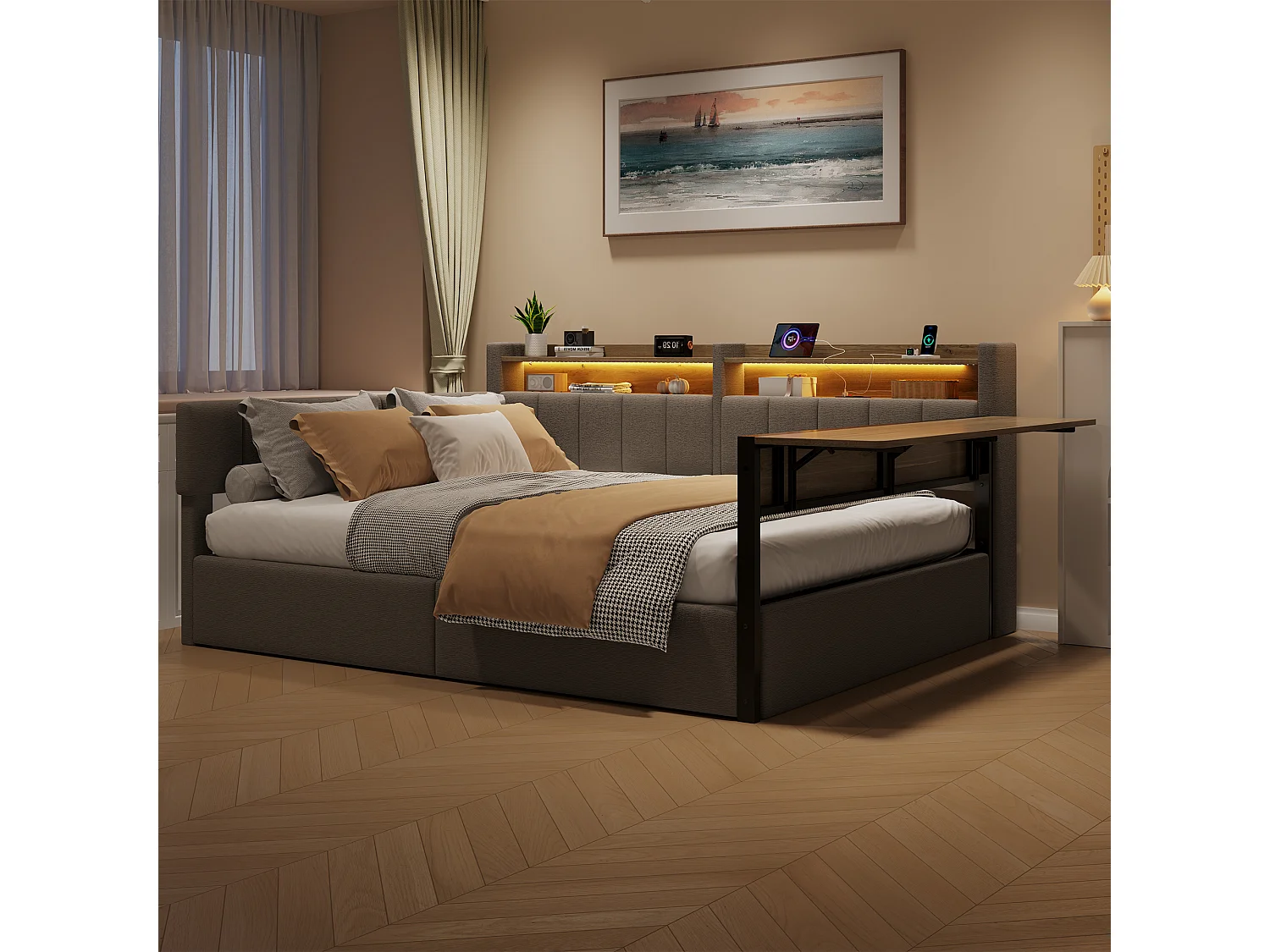Slaapbank met opbergruimte 140 x 200 cm - met LED-lichtstrip - met inklapbare tafel - USB-poort - fluweelstof - grijs (matras niet inbegrepen)