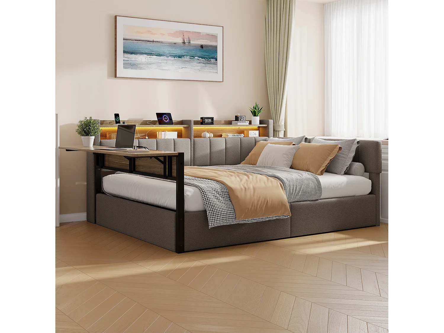 Slaapbank met opbergruimte 140 x 200 cm - met LED-lichtstrip - met inklapbare tafel - USB-poort - fluweelstof - grijs (matras niet inbegrepen)