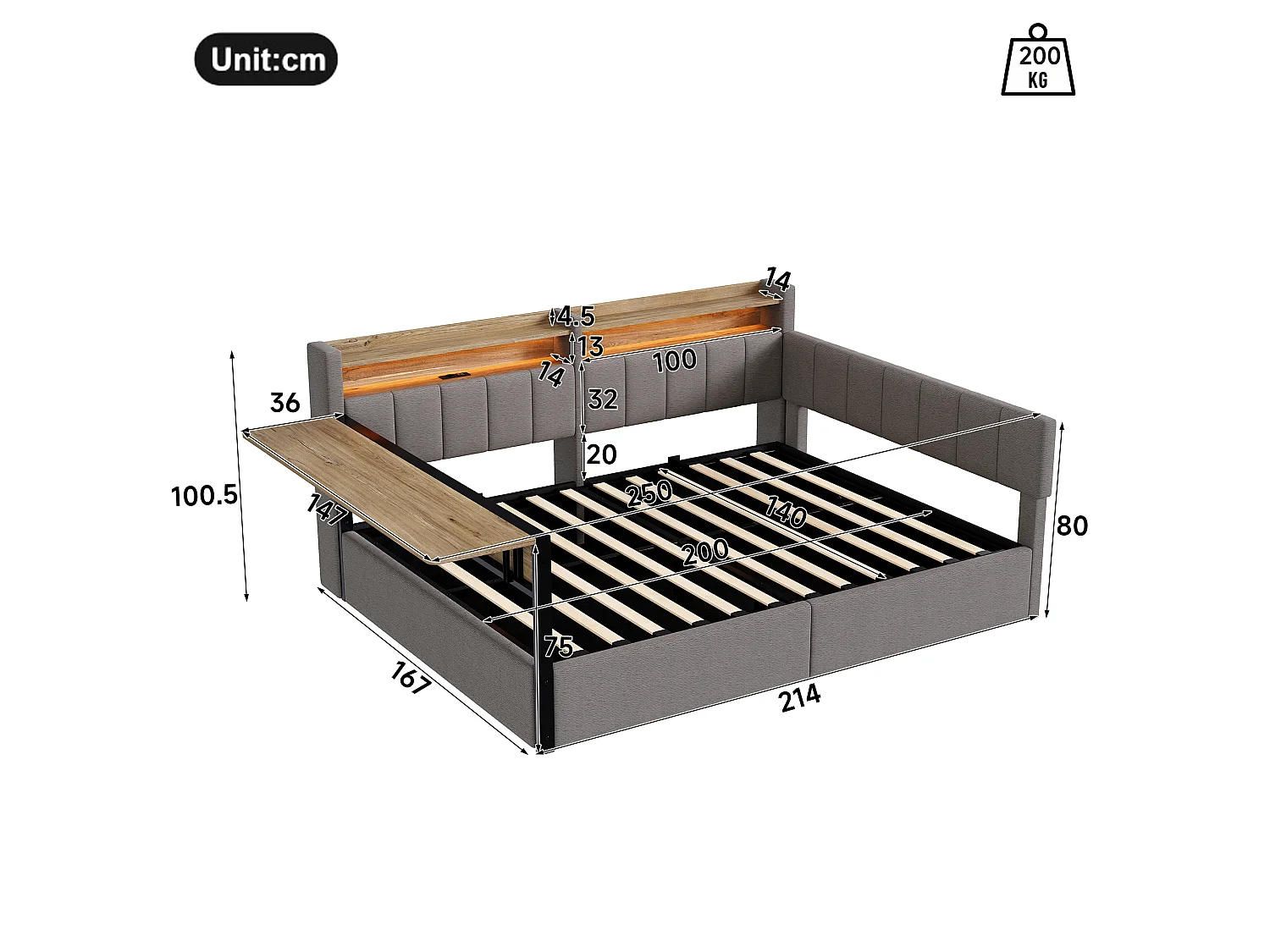 Slaapbank met opbergruimte 140 x 200 cm - met LED-lichtstrip - met inklapbare tafel - USB-poort - fluweelstof - grijs (matras niet inbegrepen)