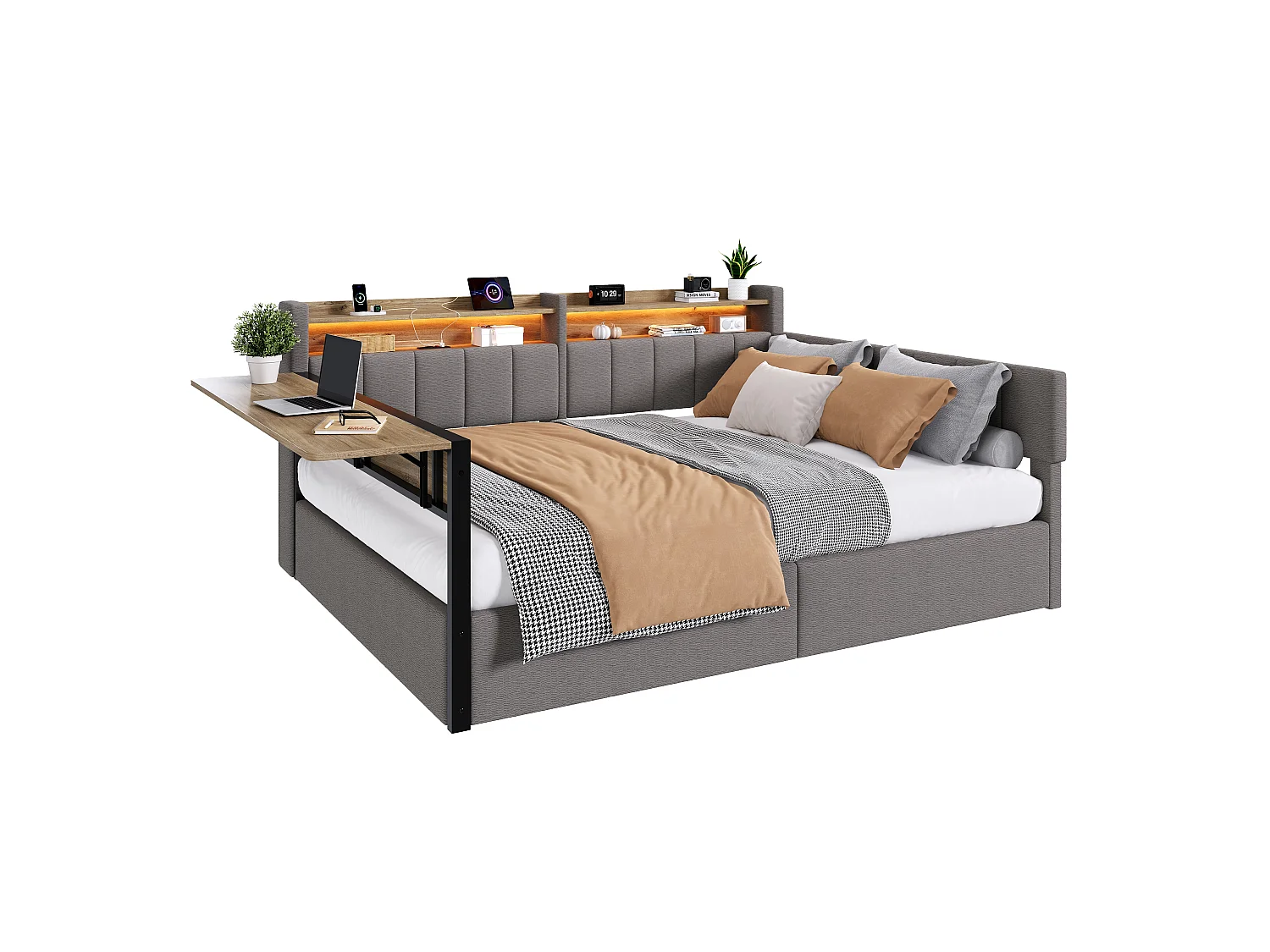 Slaapbank met opbergruimte 140 x 200 cm - met LED-lichtstrip - met inklapbare tafel - USB-poort - fluweelstof - grijs (matras niet inbegrepen)