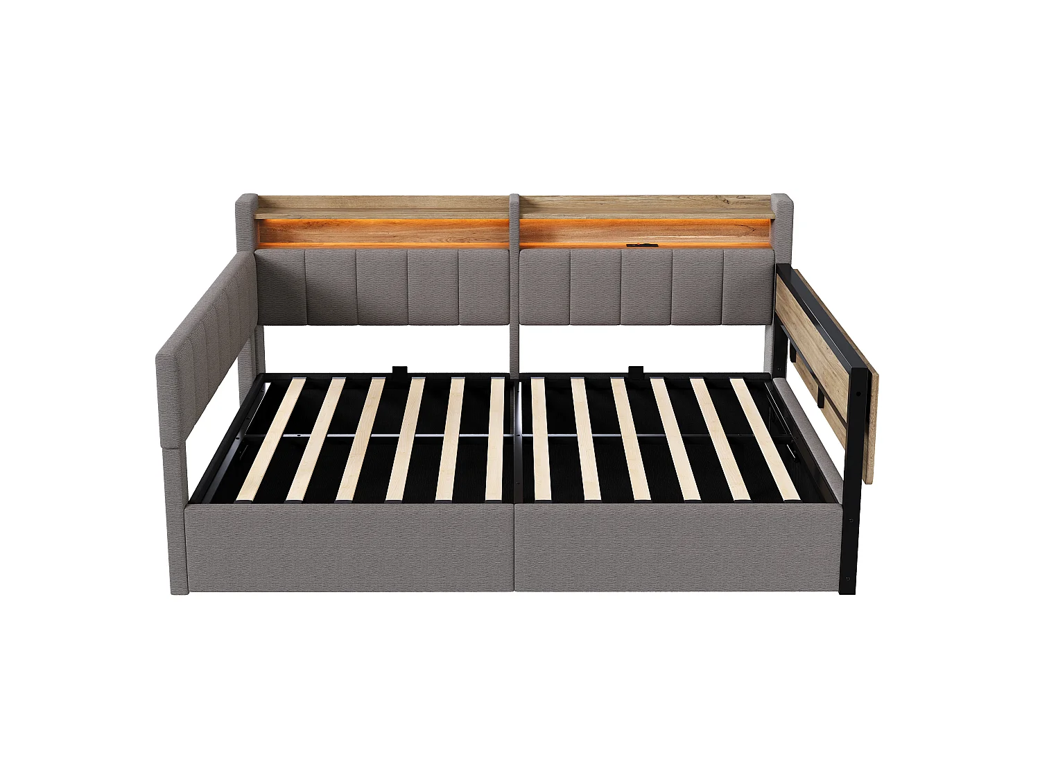 Slaapbank met opbergruimte 140 x 200 cm - met LED-lichtstrip - met inklapbare tafel - USB-poort - fluweelstof - grijs (matras niet inbegrepen)