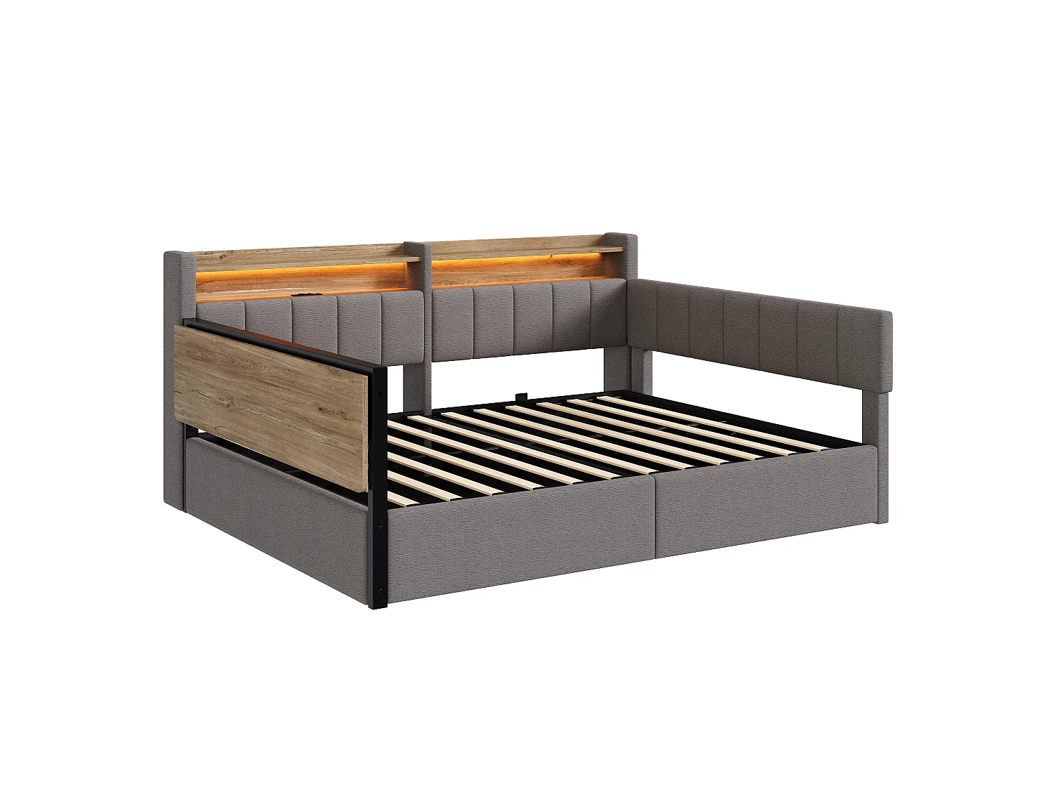 Slaapbank met opbergruimte 140 x 200 cm - met LED-lichtstrip - met inklapbare tafel - USB-poort - fluweelstof - grijs (matras niet inbegrepen)