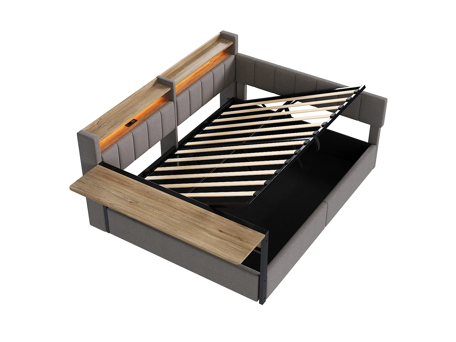 Slaapbank met opbergruimte 140 x 200 cm - met LED-lichtstrip - met inklapbare tafel - USB-poort - fluweelstof - grijs (matras niet inbegrepen)