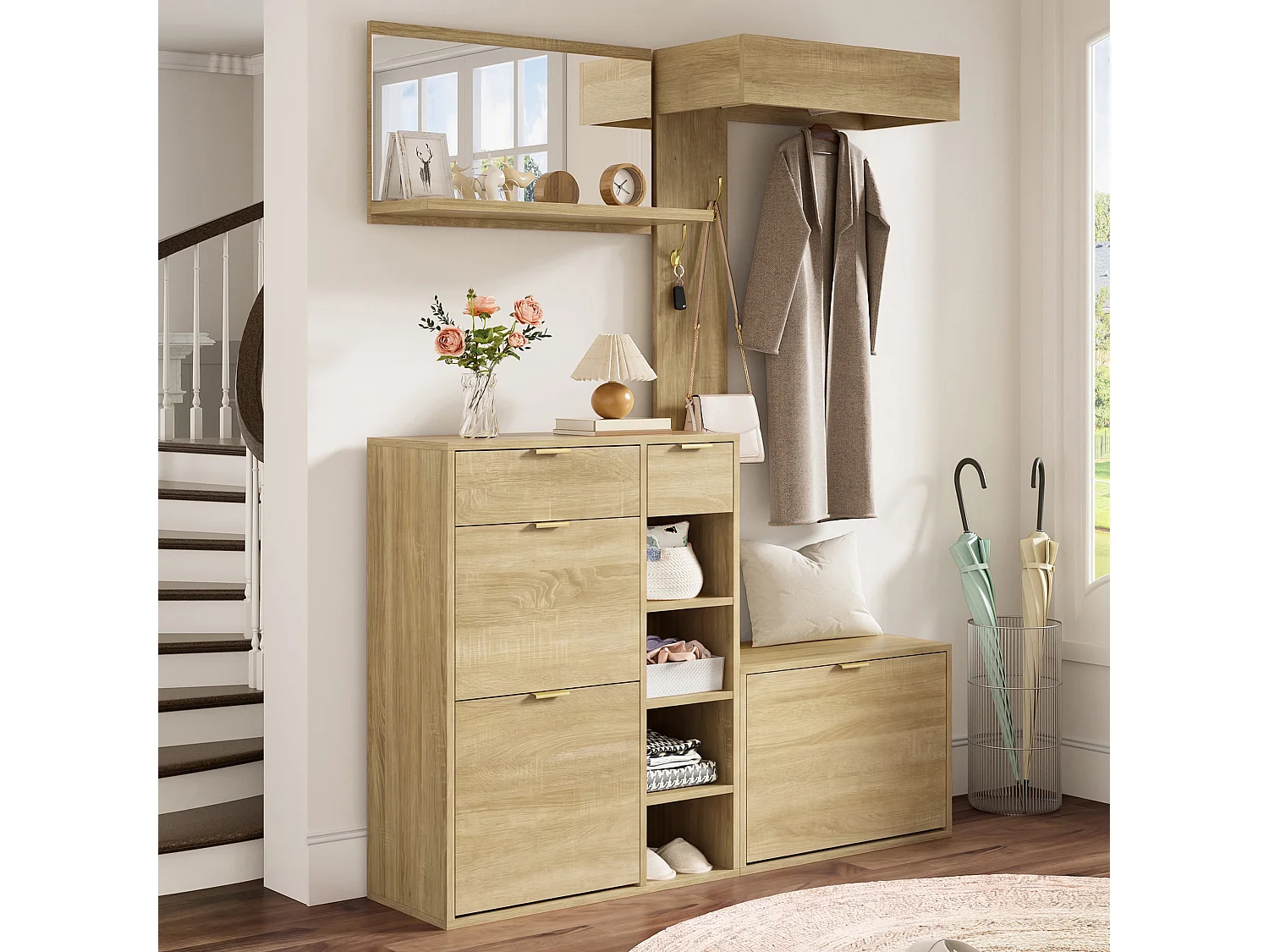 Ensemble vestiaire d'entrée 130x30x174cm - avec miroir et meuble à chaussures - avec banc à chaussures et porte-manteau - Naturel