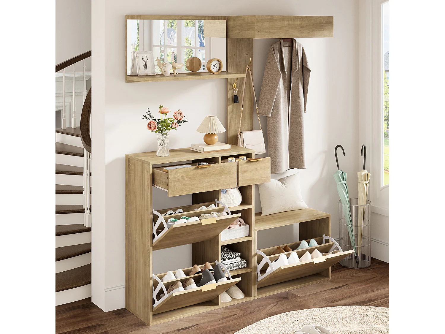 Ensemble vestiaire d'entrée 130x30x174cm - avec miroir et meuble à chaussures - avec banc à chaussures et porte-manteau - Naturel