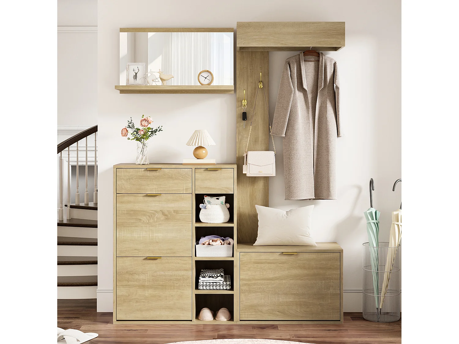 Ensemble vestiaire d'entrée 130x30x174cm - avec miroir et meuble à chaussures - avec banc à chaussures et porte-manteau - Naturel