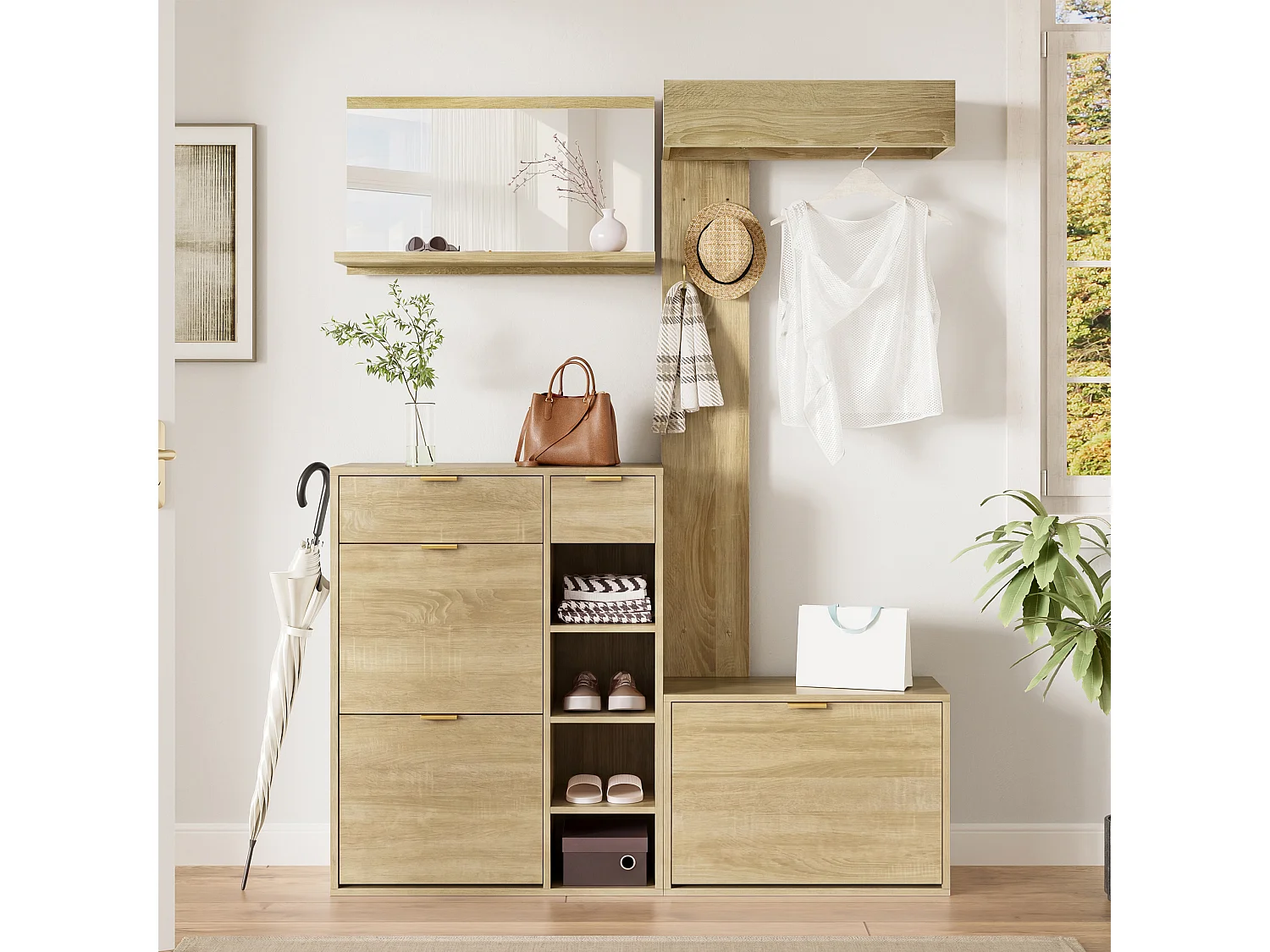 Ensemble vestiaire d'entrée 130x30x174cm - avec miroir et meuble à chaussures - avec banc à chaussures et porte-manteau - Naturel