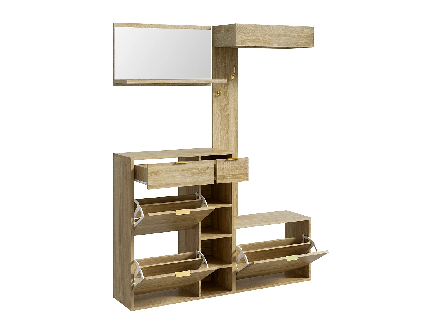 Ensemble vestiaire d'entrée 130x30x174cm - avec miroir et meuble à chaussures - avec banc à chaussures et porte-manteau - Naturel