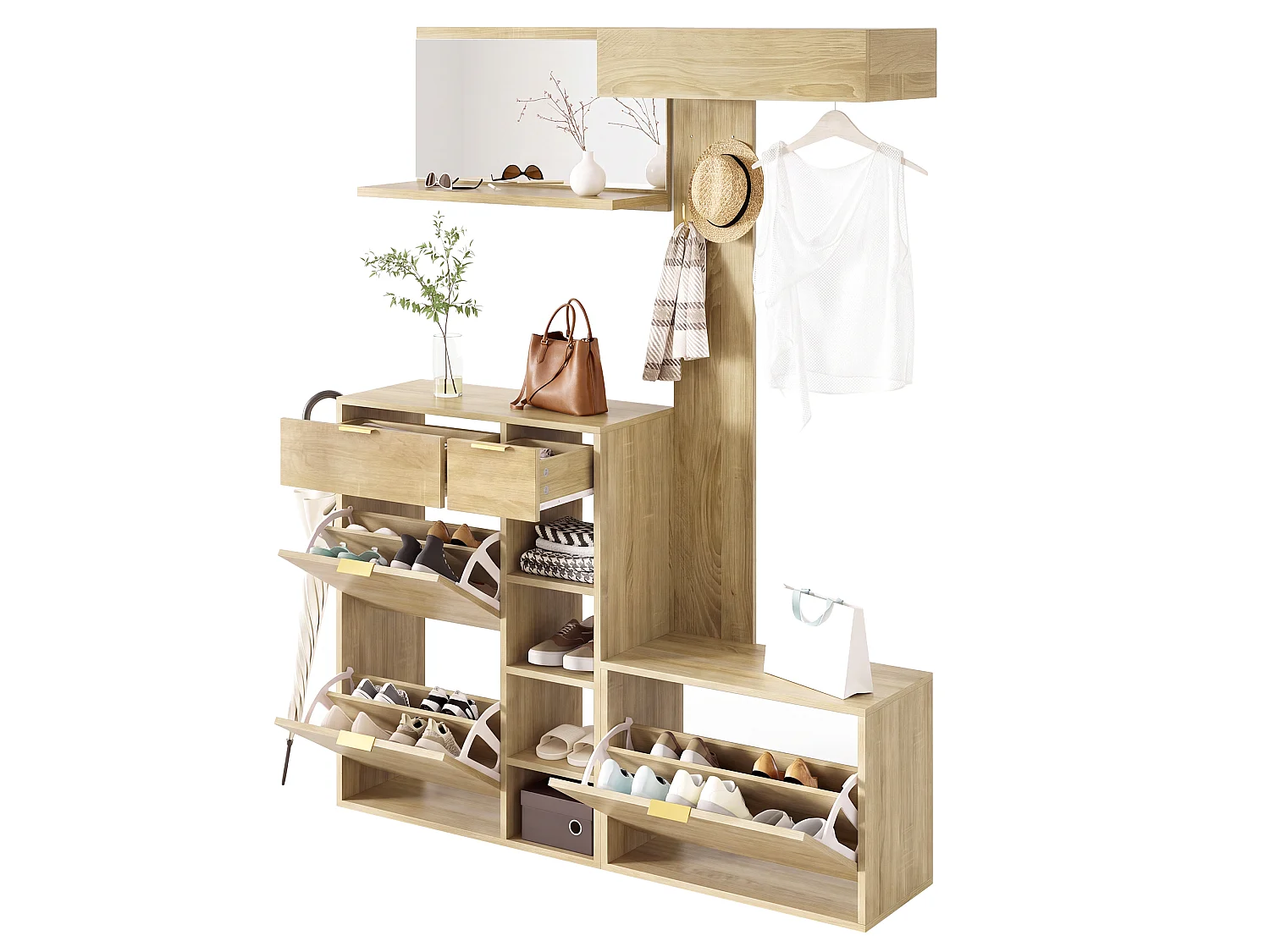 Ensemble vestiaire d'entrée 130x30x174cm - avec miroir et meuble à chaussures - avec banc à chaussures et porte-manteau - Naturel