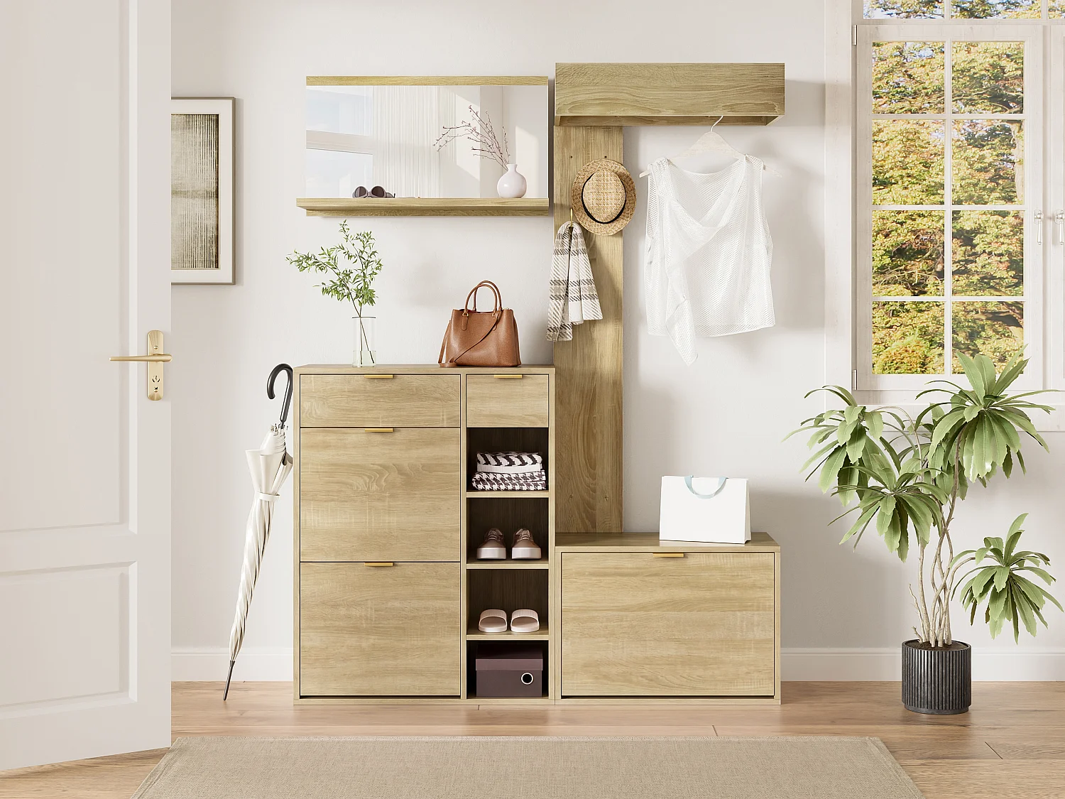 Ensemble vestiaire d'entrée 130x30x174cm - avec miroir et meuble à chaussures - avec banc à chaussures et porte-manteau - Naturel