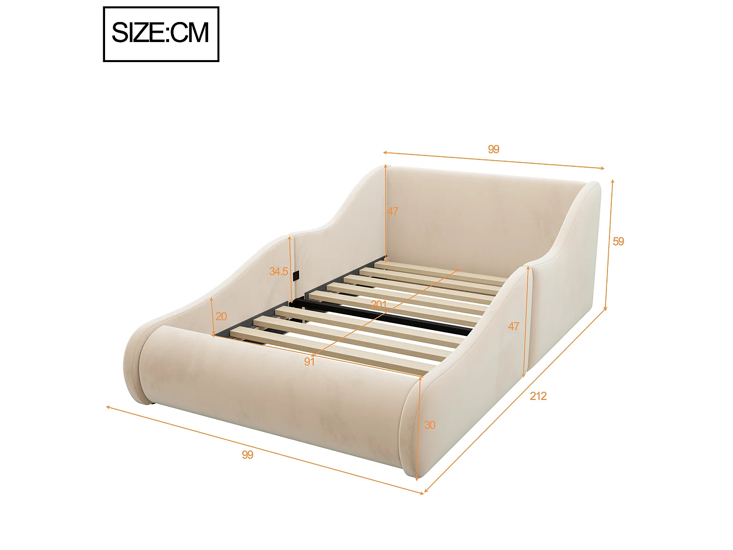 Barnsäng vadderad 90x200cm - velourtyg - med sidobarriärer - beige (madrass ingår ej)
