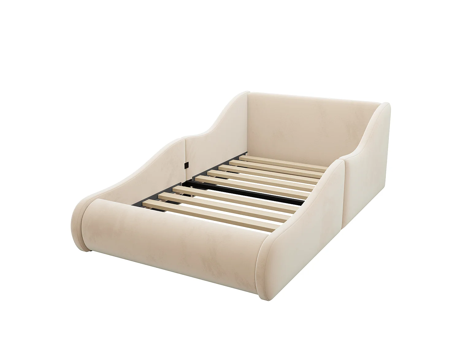 Barnsäng vadderad 90x200cm - velourtyg - med sidobarriärer - beige (madrass ingår ej)