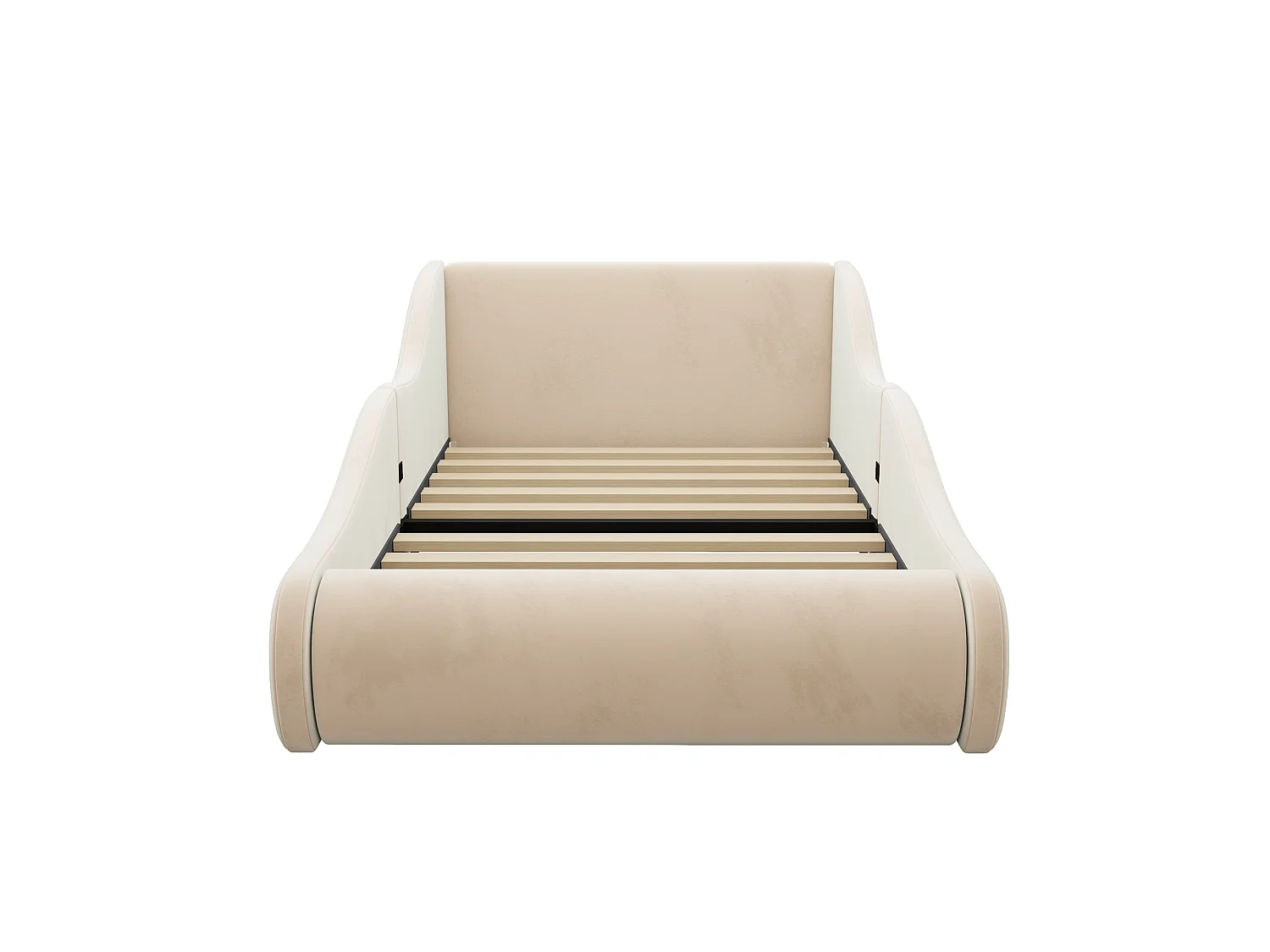 Barnsäng vadderad 90x200cm - velourtyg - med sidobarriärer - beige (madrass ingår ej)