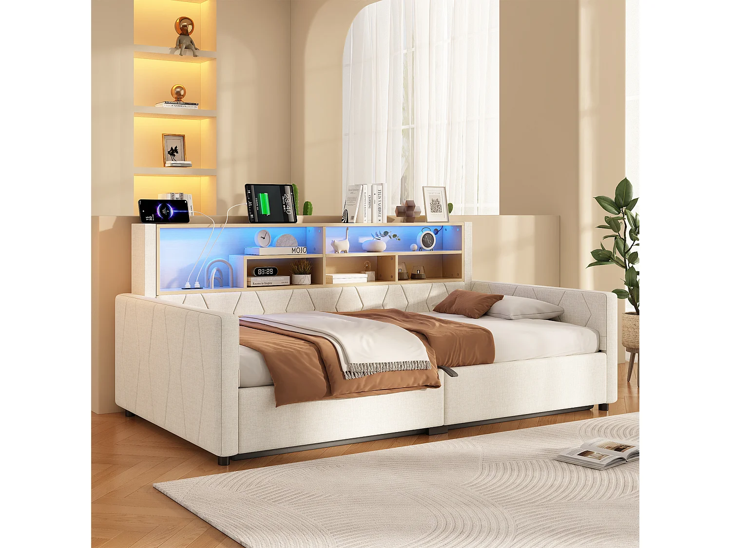 Bedbank met opbergruimte 90 x 200 cm - met stopcontact - met USB-poort - met LED-lichtstrip - linnenstof - Beige (matras niet inbegrepen)
