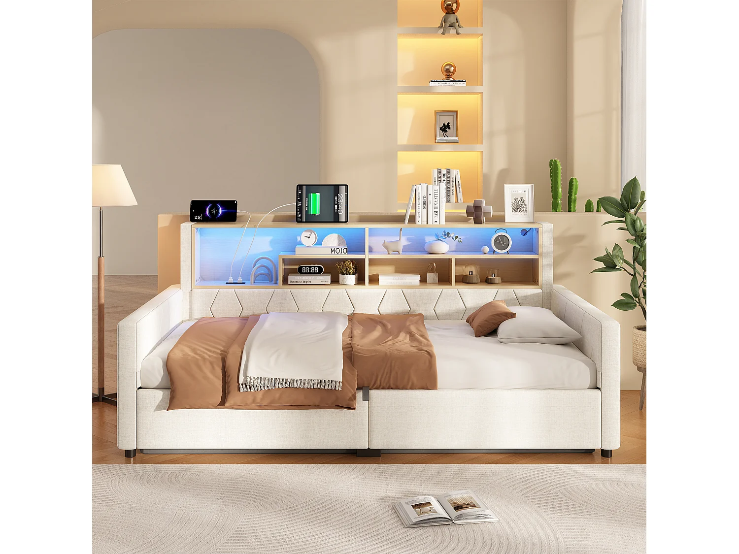 Bedbank met opbergruimte 90 x 200 cm - met stopcontact - met USB-poort - met LED-lichtstrip - linnenstof - Beige (matras niet inbegrepen)