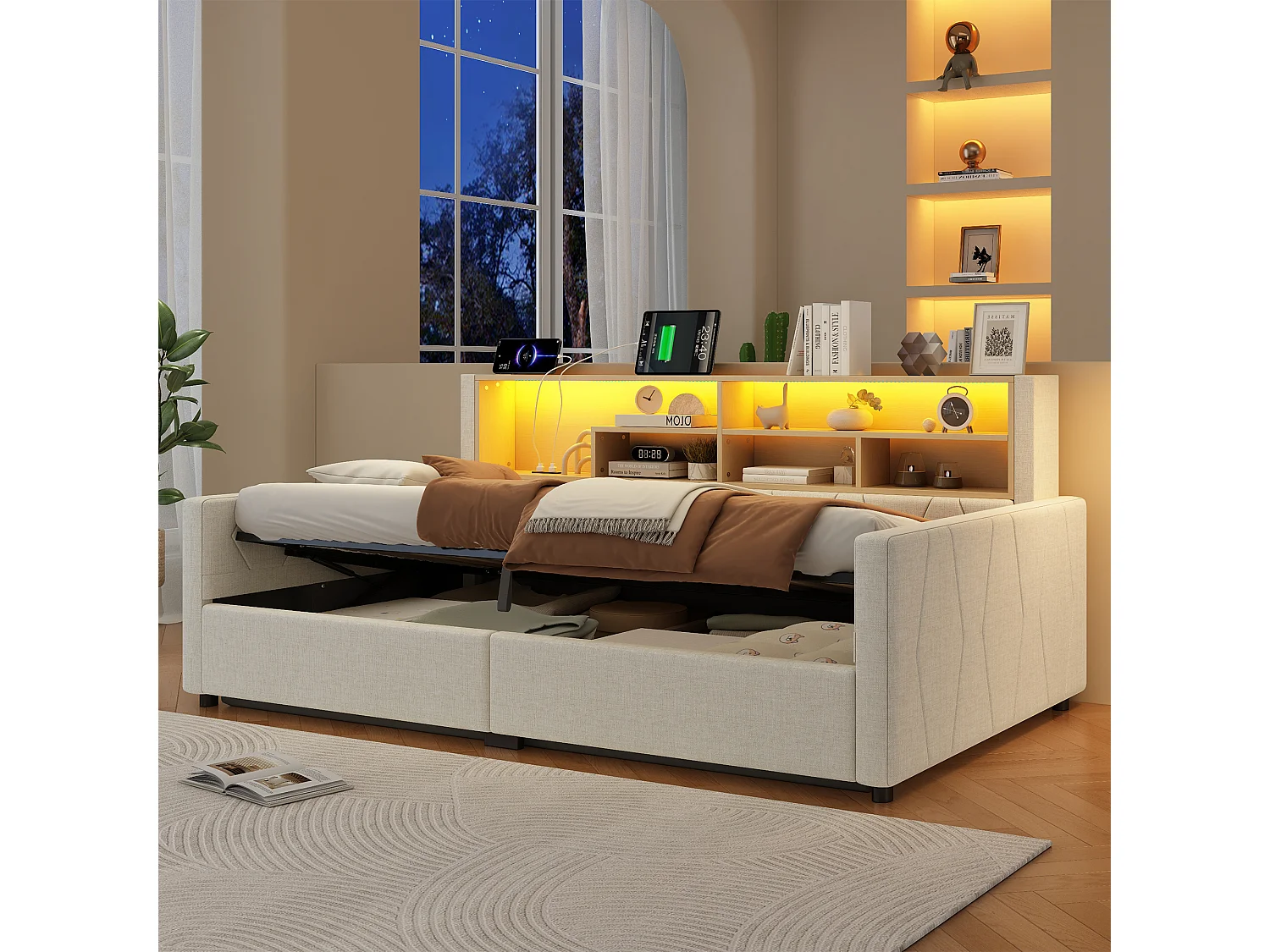 Bedbank met opbergruimte 90 x 200 cm - met stopcontact - met USB-poort - met LED-lichtstrip - linnenstof - Beige (matras niet inbegrepen)