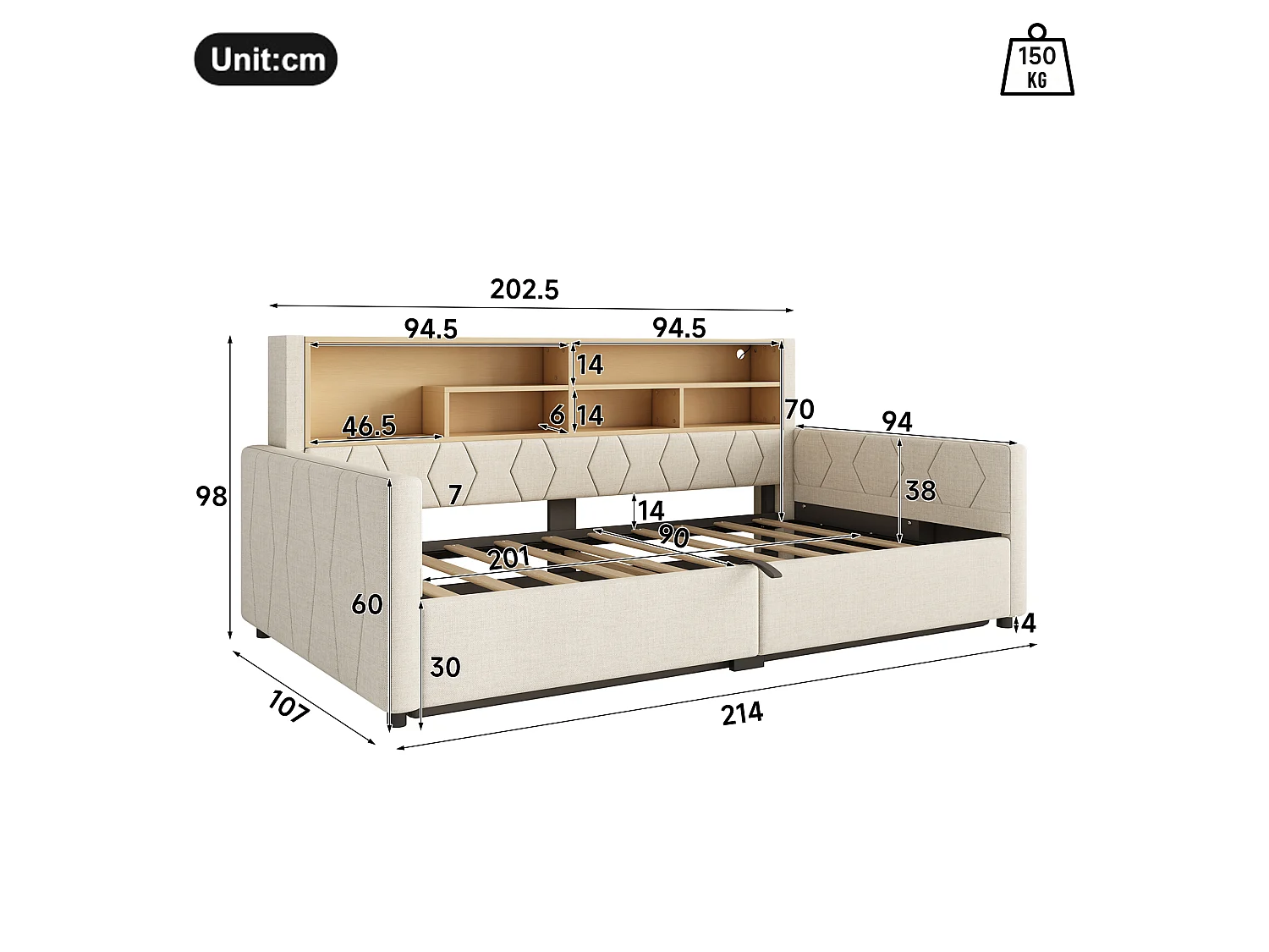 Bedbank met opbergruimte 90 x 200 cm - met stopcontact - met USB-poort - met LED-lichtstrip - linnenstof - Beige (matras niet inbegrepen)