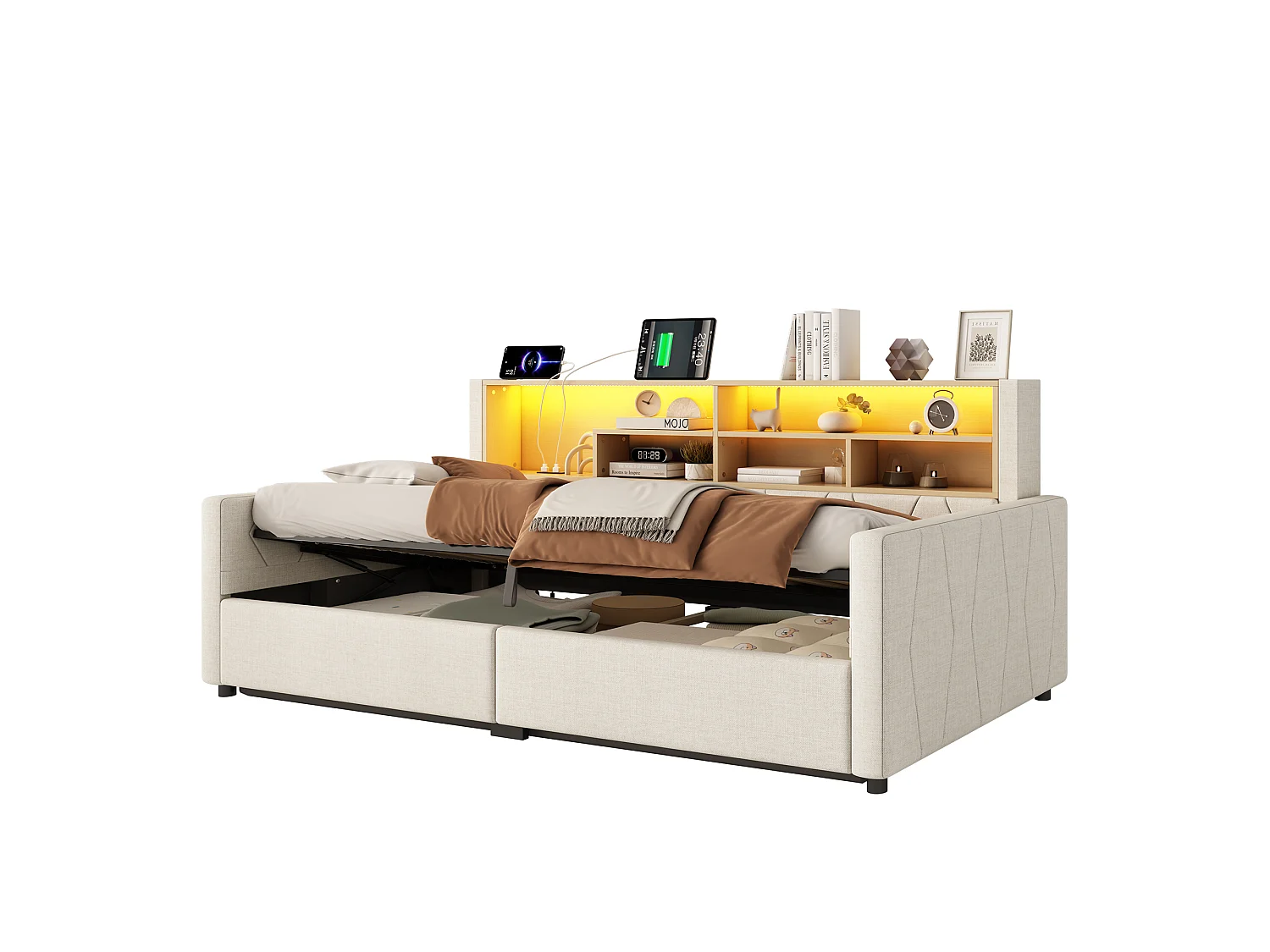 Bedbank met opbergruimte 90 x 200 cm - met stopcontact - met USB-poort - met LED-lichtstrip - linnenstof - Beige (matras niet inbegrepen)