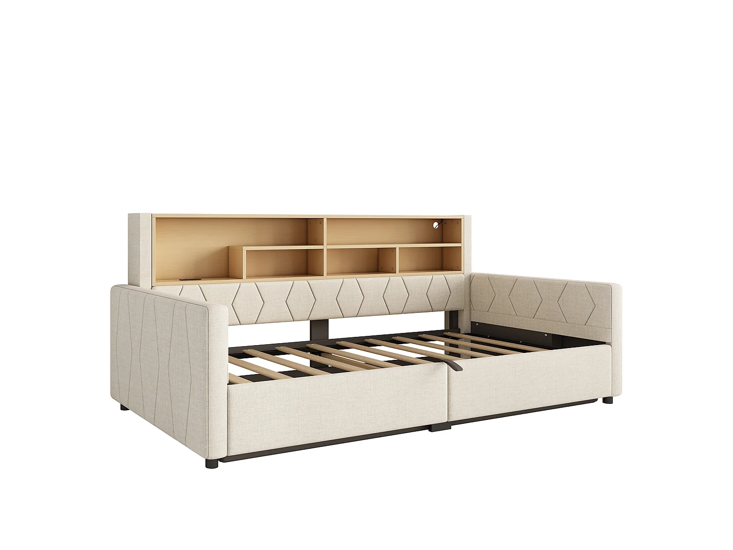 Bedbank met opbergruimte 90 x 200 cm - met stopcontact - met USB-poort - met LED-lichtstrip - linnenstof - Beige (matras niet inbegrepen)