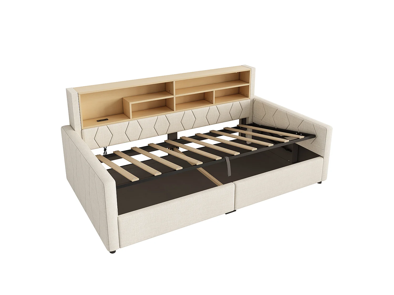 Bedbank met opbergruimte 90 x 200 cm - met stopcontact - met USB-poort - met LED-lichtstrip - linnenstof - Beige (matras niet inbegrepen)