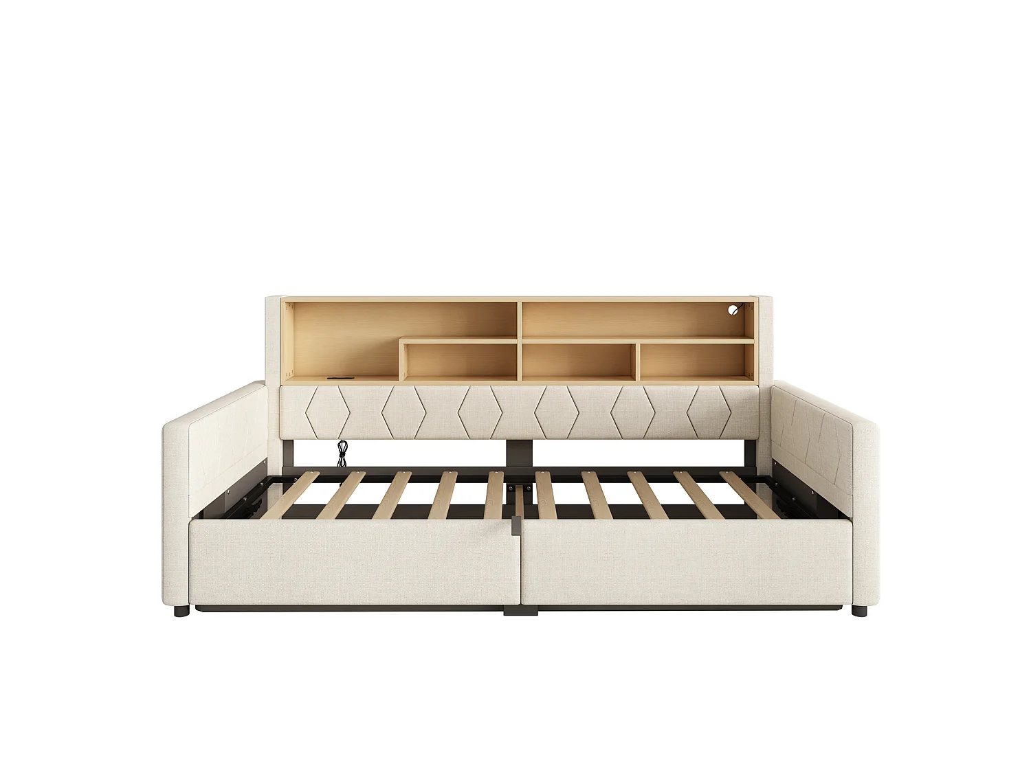 Bedbank met opbergruimte 90 x 200 cm - met stopcontact - met USB-poort - met LED-lichtstrip - linnenstof - Beige (matras niet inbegrepen)