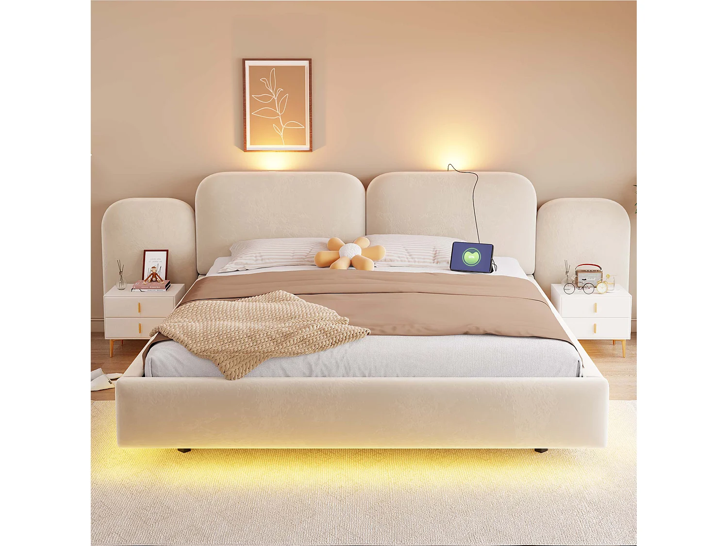 Lit coffre capitonné 180x200cm - avec lumière LED - avec port de chargement - Tissu velours - Gris (Matelas non inclus)