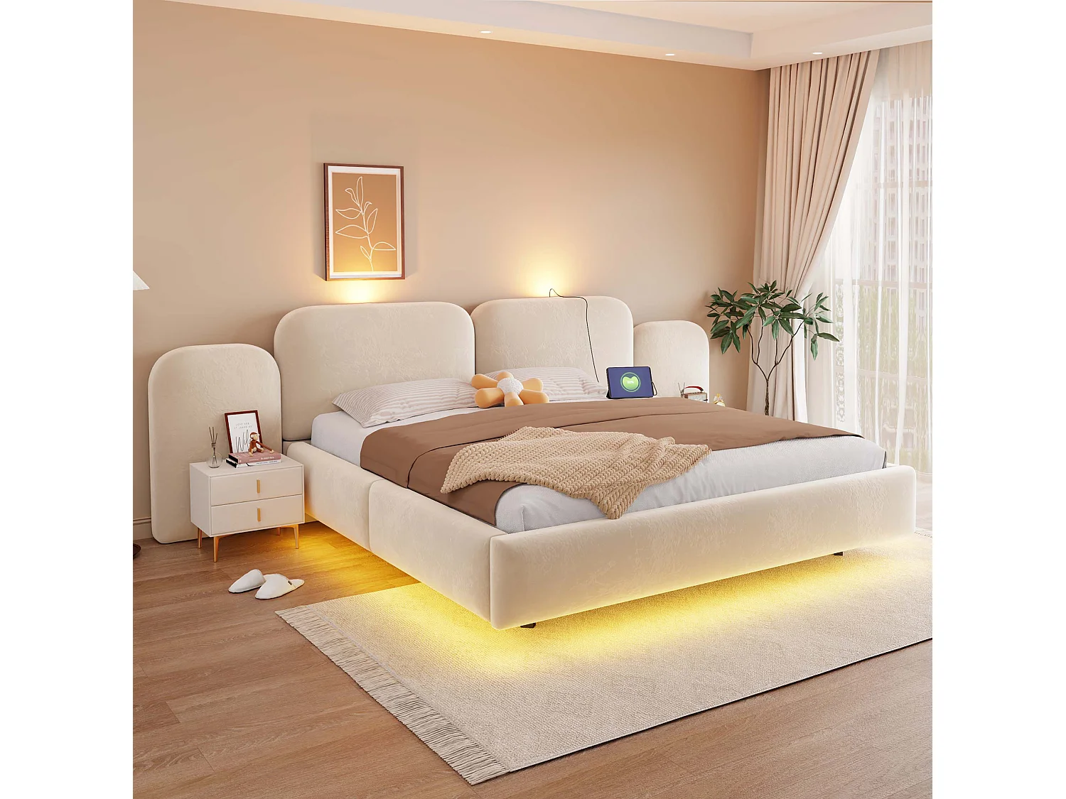 Lit coffre capitonné 180x200cm - avec lumière LED - avec port de chargement - Tissu velours - Gris (Matelas non inclus)