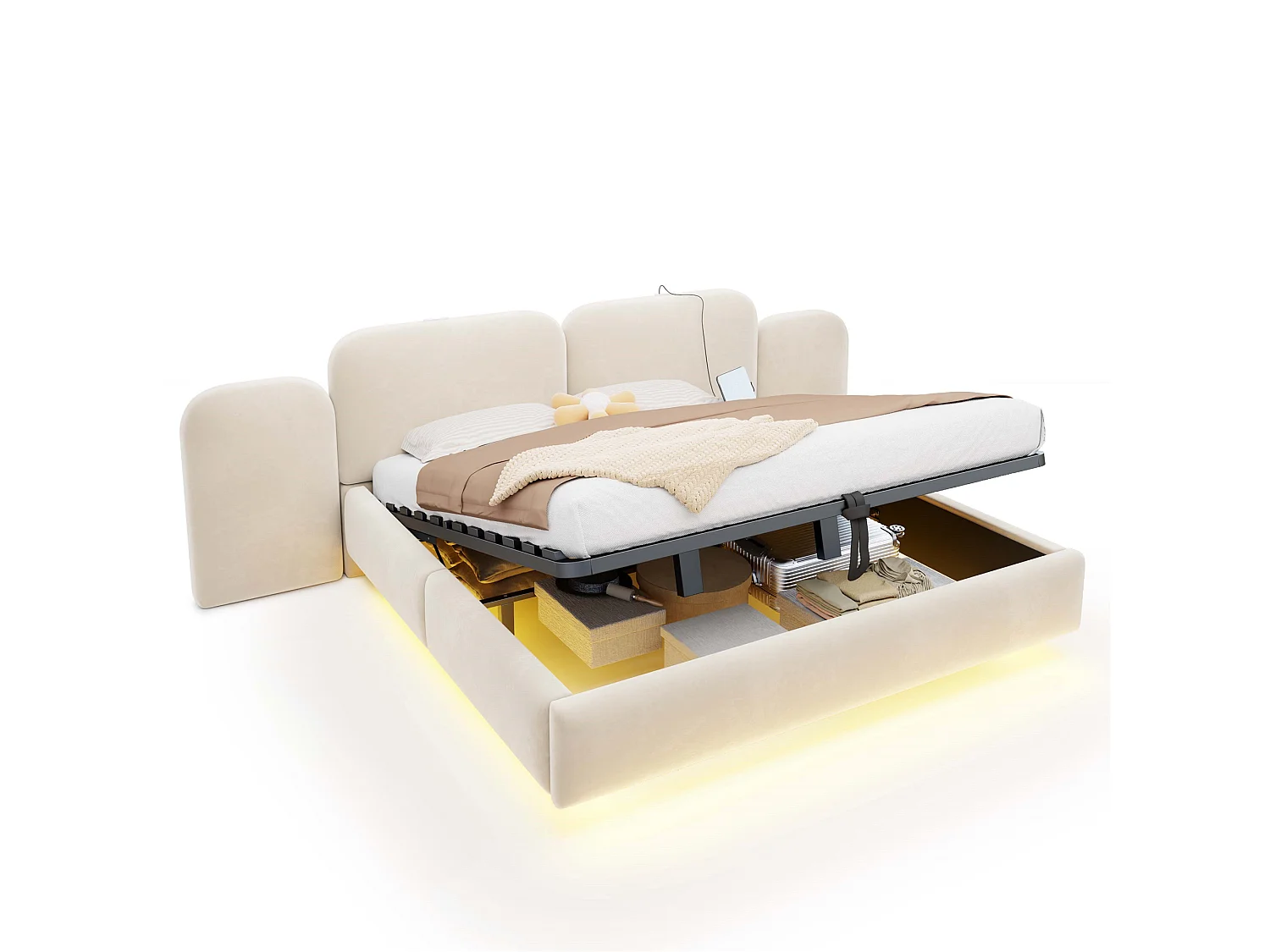 Lit coffre capitonné 180x200cm - avec lumière LED - avec port de chargement - Tissu velours - Gris (Matelas non inclus)
