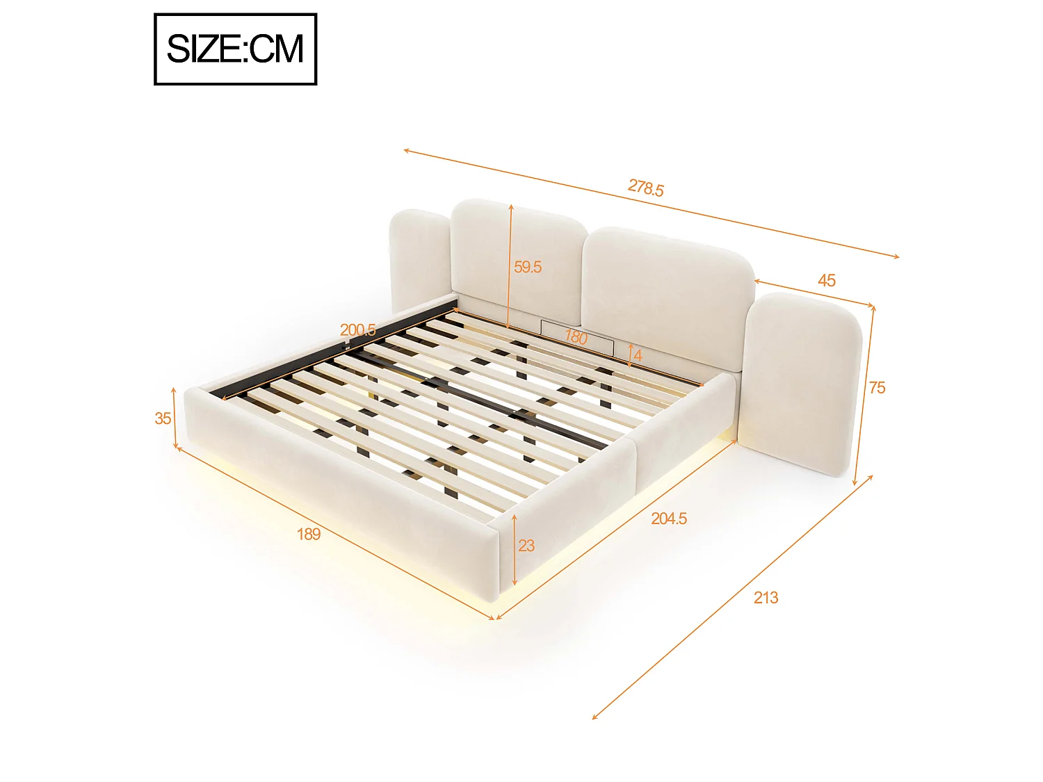 Lit coffre capitonné 180x200cm - avec lumière LED - avec port de chargement - Tissu velours - Gris (Matelas non inclus)