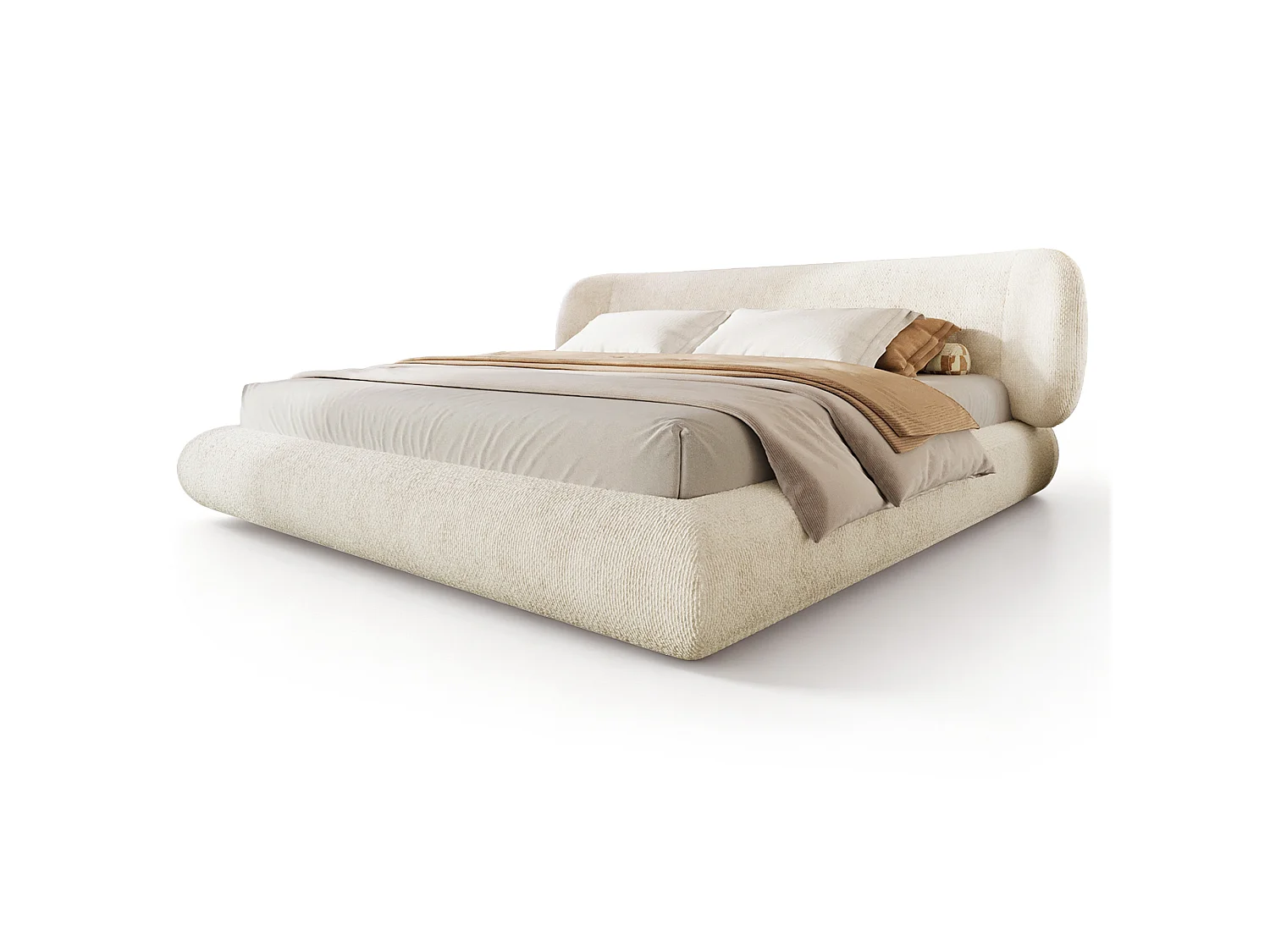 Dubbel gestoffeerd bed 180x200cm - afgeronde hoeken - met lattenbodem - chenillestof - Beige (zonder matras)