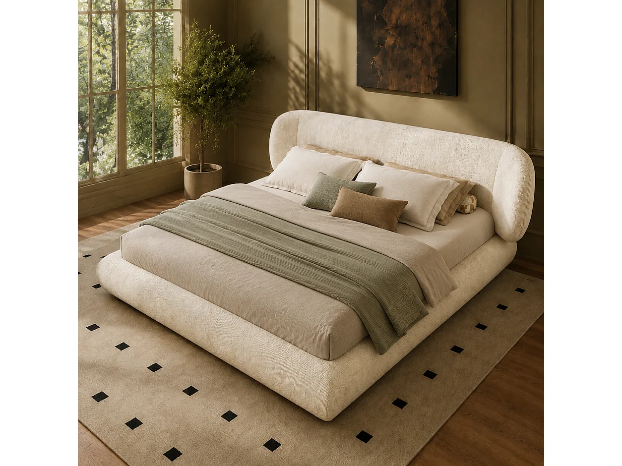 Dubbel gestoffeerd bed 180x200cm - afgeronde hoeken - met lattenbodem - chenillestof - Beige (zonder matras)