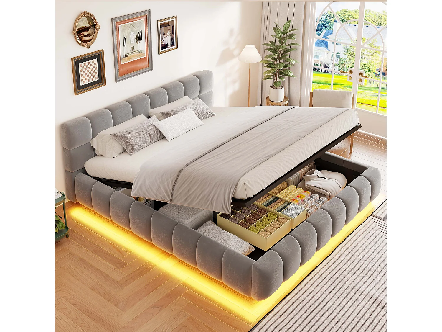 Cama baú acolchoada 160 x 200 cm - com iluminação LED - Tecido veludo - Cinza (Colchão não incluído)
