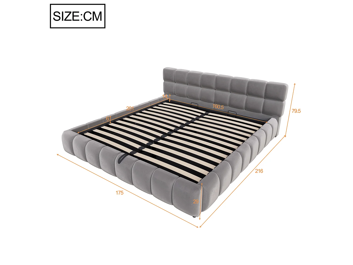 Cama baú acolchoada 160 x 200 cm - com iluminação LED - Tecido veludo - Cinza (Colchão não incluído)