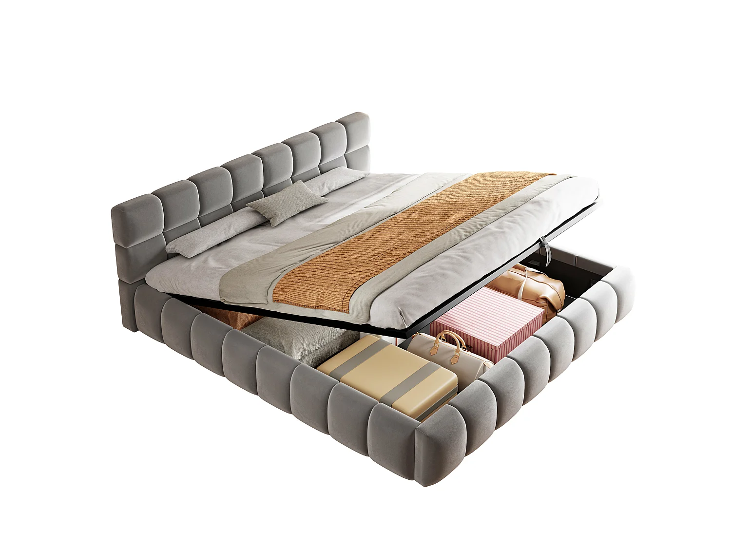 Cama baú acolchoada 160 x 200 cm - com iluminação LED - Tecido veludo - Cinza (Colchão não incluído)