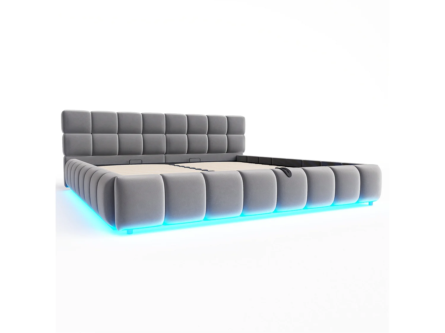 Cama baú acolchoada 160 x 200 cm - com iluminação LED - Tecido veludo - Cinza (Colchão não incluído)