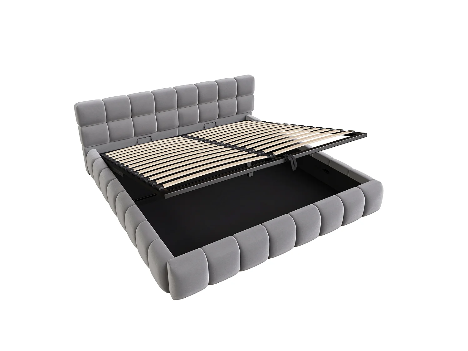 Cama baú acolchoada 160 x 200 cm - com iluminação LED - Tecido veludo - Cinza (Colchão não incluído)