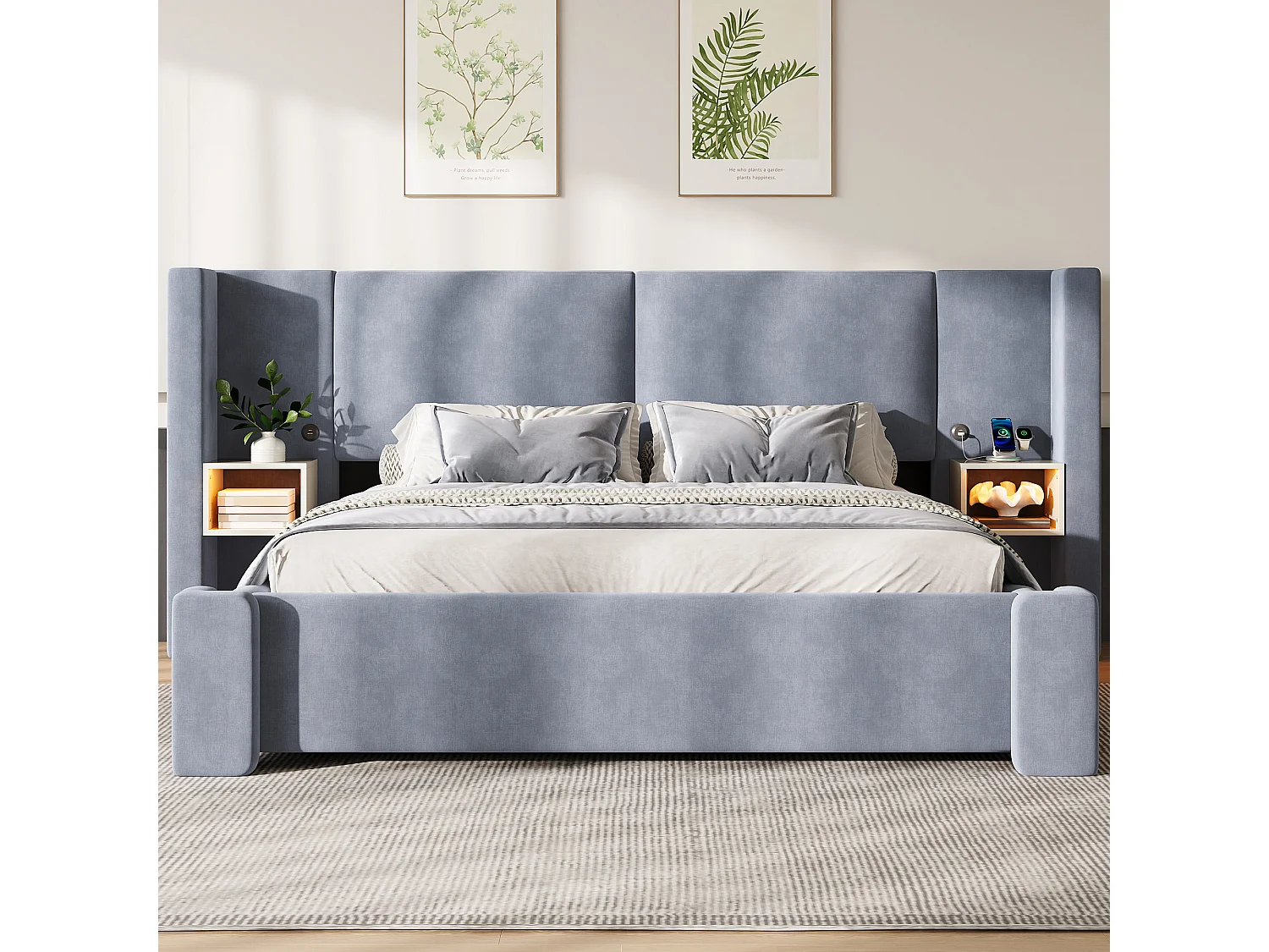 Gestoffeerd opbergbed 140x200cm in linnen - Met LED-verlichting, opbergruimte en hydraulisch hefsysteem - Grijs (Matras niet inbegrepen)