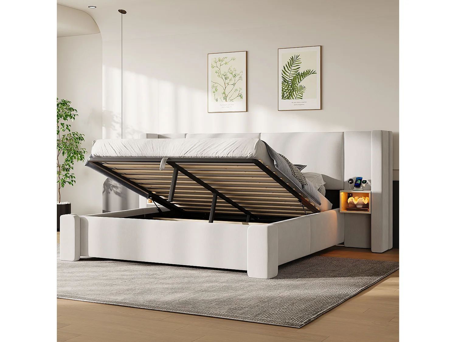 Lit coffre capitonné 180x200cm en lin - Avec éclairage LED, rangements et système de levage hydraulique - Beige (Matelas non inclus)