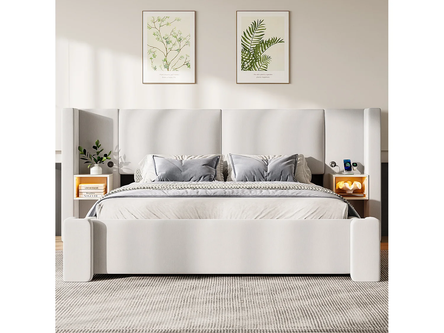 Lit coffre capitonné 180x200cm en lin - Avec éclairage LED, rangements et système de levage hydraulique - Beige (Matelas non inclus)